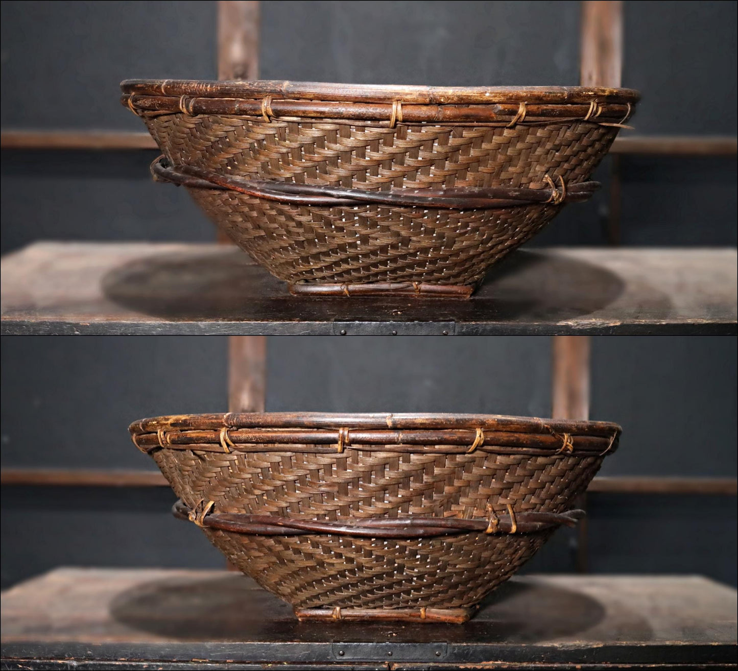 RARE! LARGE! Antique Japanese Farmers Hand Woven Wild grape vine Round Basket, Ajiro ami, MINGEI hand craft, H8.8xW22in/22.4x56cm