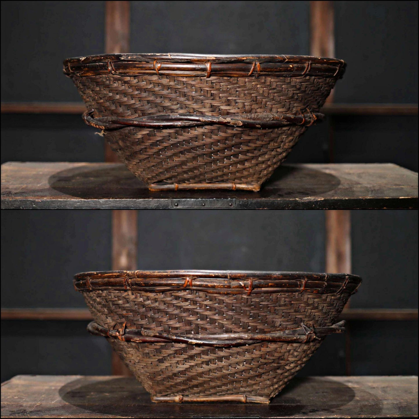 RARE! LARGE! Antique Japanese Farmers Hand Woven Wild grape vine Round Basket, Ajiro ami, MINGEI hand craft, H9.3xW22in/23.7x56cm