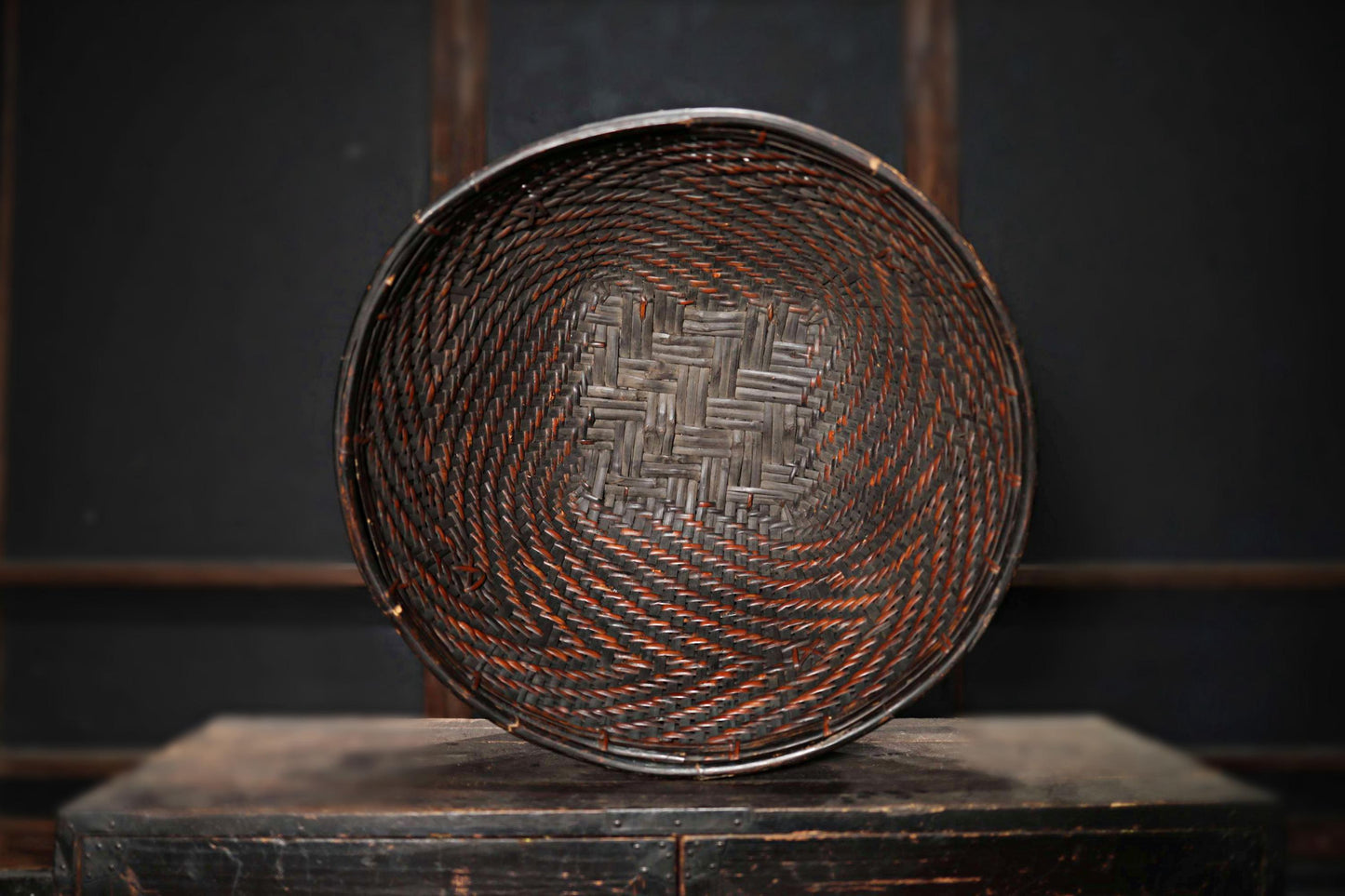 RARE! LARGE! Antique Japanese Farmers Hand Woven Wild grape vine Round Basket, Ajiro ami, MINGEI hand craft, H9.3xW22in/23.7x56cm