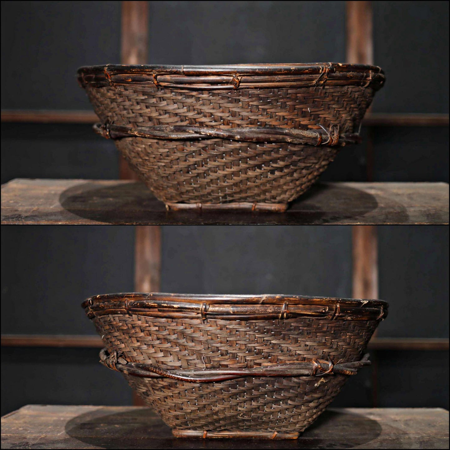 RARE! LARGE! Antique Japanese Farmers Hand Woven Wild grape vine Round Basket, Ajiro ami, MINGEI hand craft, H9.3xW22in/23.7x56cm