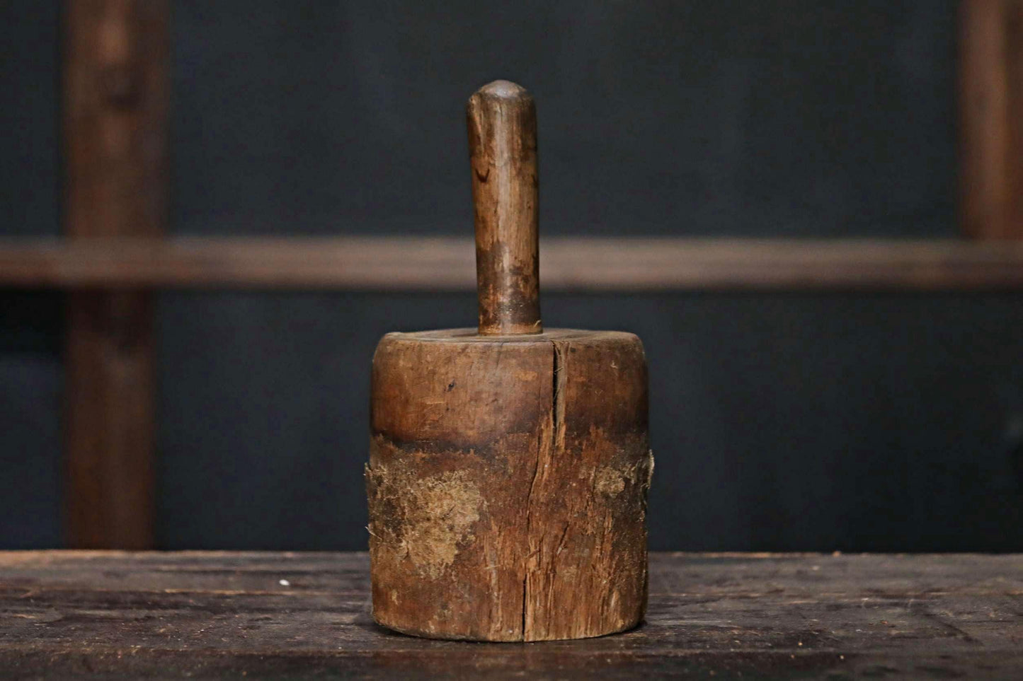 Japanese vintage wooden straw hammer name "KINUTA", MINGEI, Farmer's tool hand craft /wooden pedestal hat rack H9.3×5.1in/H23.5×13cm