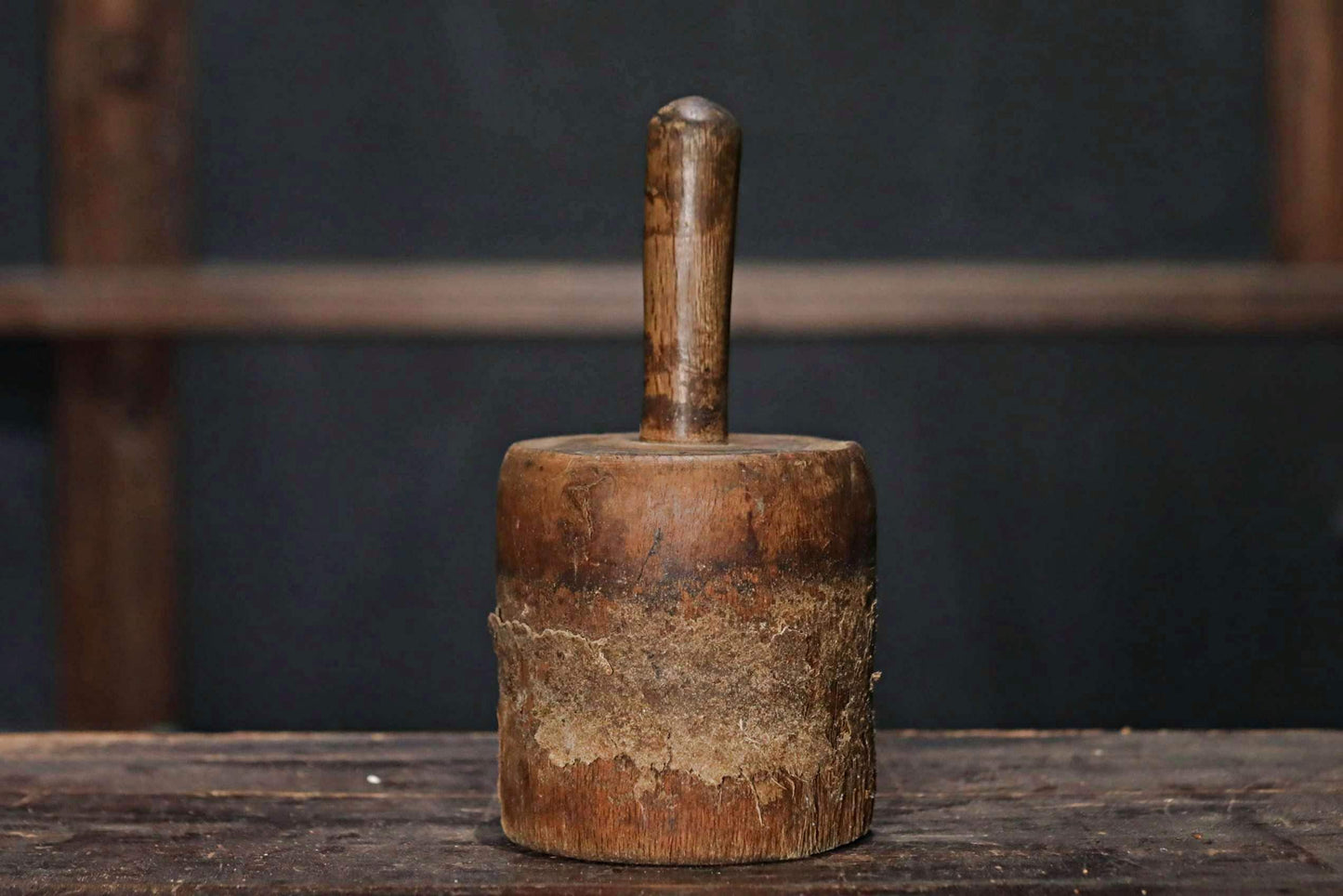 Japanese vintage wooden straw hammer name "KINUTA", MINGEI, Farmer's tool hand craft /wooden pedestal hat rack H9.3×5.1in/H23.5×13cm
