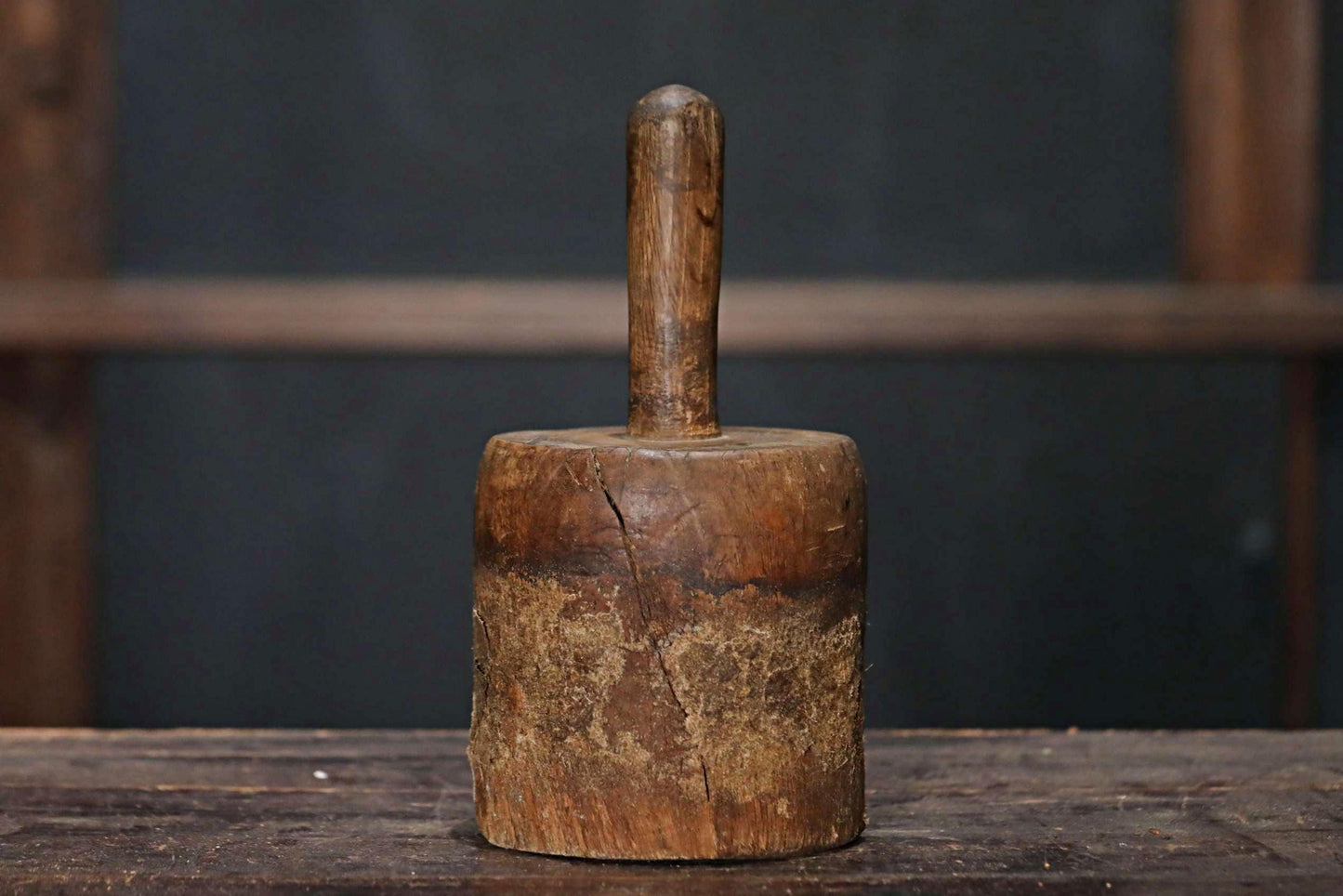 Japanese vintage wooden straw hammer name "KINUTA", MINGEI, Farmer's tool hand craft /wooden pedestal hat rack H9.3×5.1in/H23.5×13cm