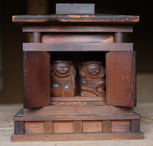Japanese antique Zushi Cabinet with wood carving sculpture of lucky gods doll ,kamidana Japanese home shinto shrine 1930s H8.3in/H21cm