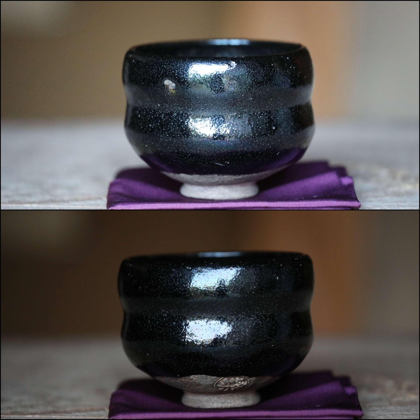 FINE! green tea bowl Japanese Antique 1920s Black 楽RAKU CHAWAN signature handmade Matcha Tea Cup Tea Ceremony kiln with box W4.5in/W11.5cm