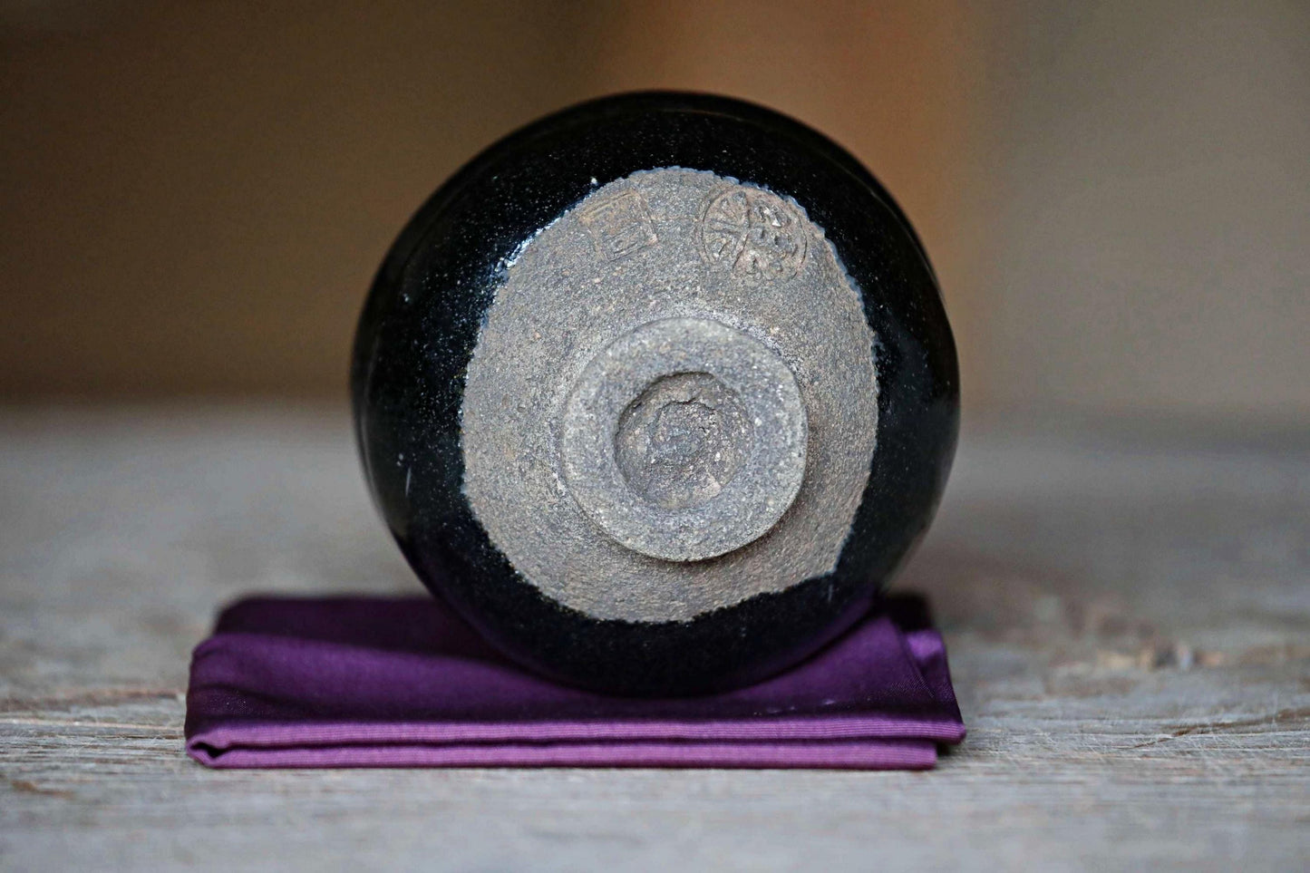 FINE! green tea bowl Japanese Antique 1920s Black 楽RAKU CHAWAN signature handmade Matcha Tea Cup Tea Ceremony kiln with box W4.5in/W11.5cm