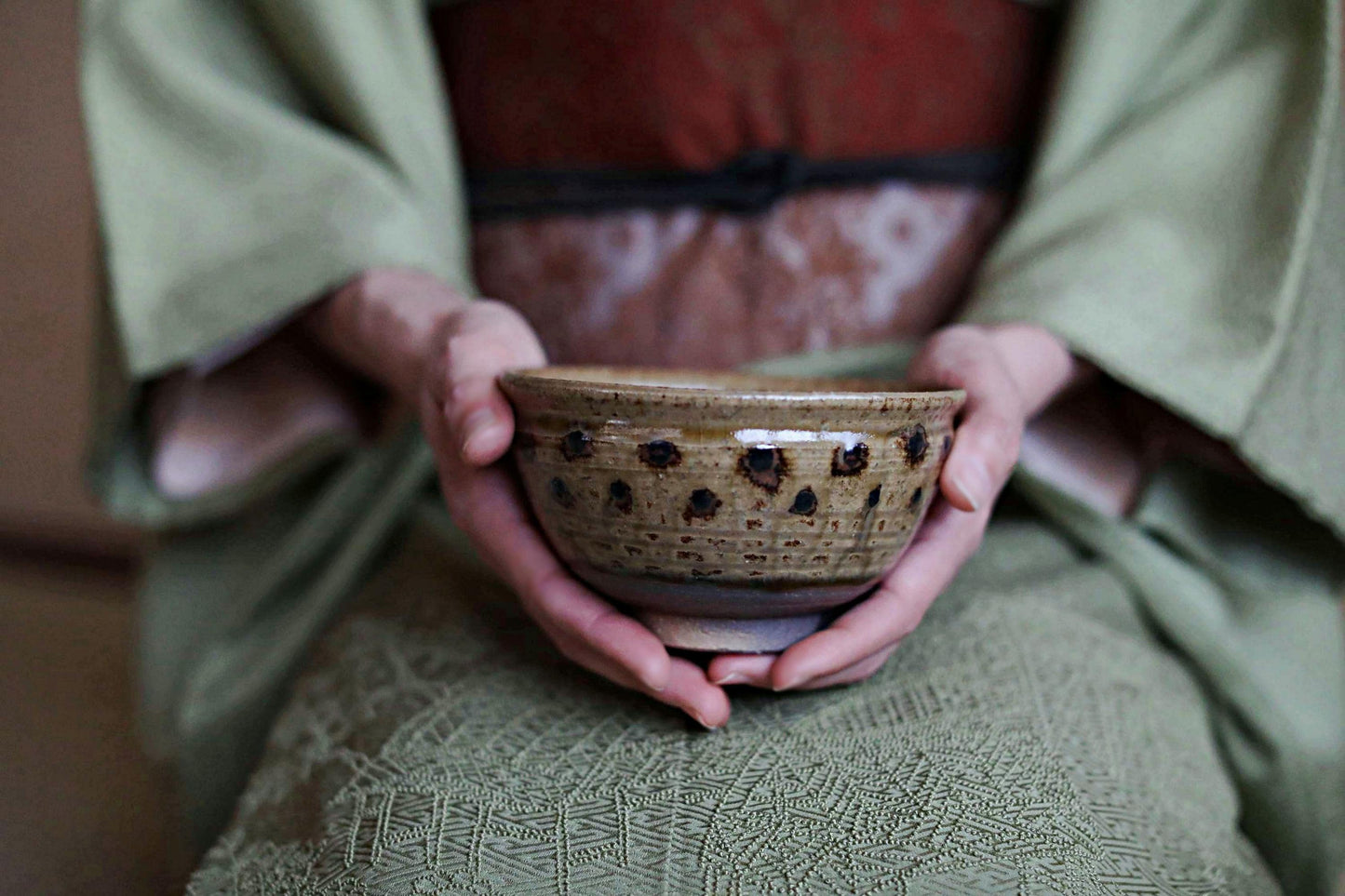 Green tea bowl Japanese vintage CHAWAN KI SETO kiln ware handmade Matcha Cup Tea Ceremony pottery with box signature H2.2×6.3in/5.5×16cm