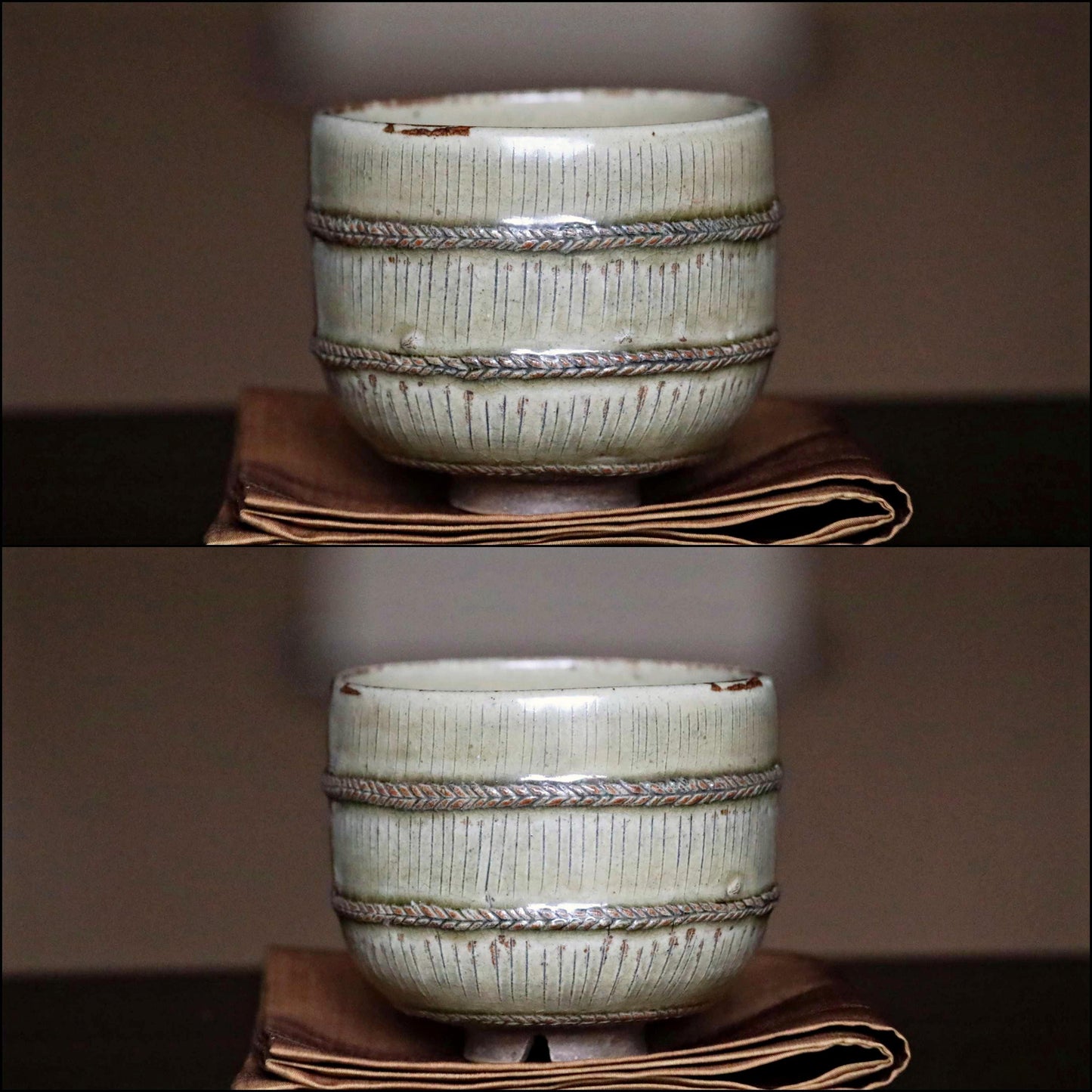 Fine green tea bowl Japanese antique CHAWAN Rikyu利休 like bale shaped handmade Matcha Cup Tea Ceremony with box sign H3.3×3.9in/H8.5×9.8in