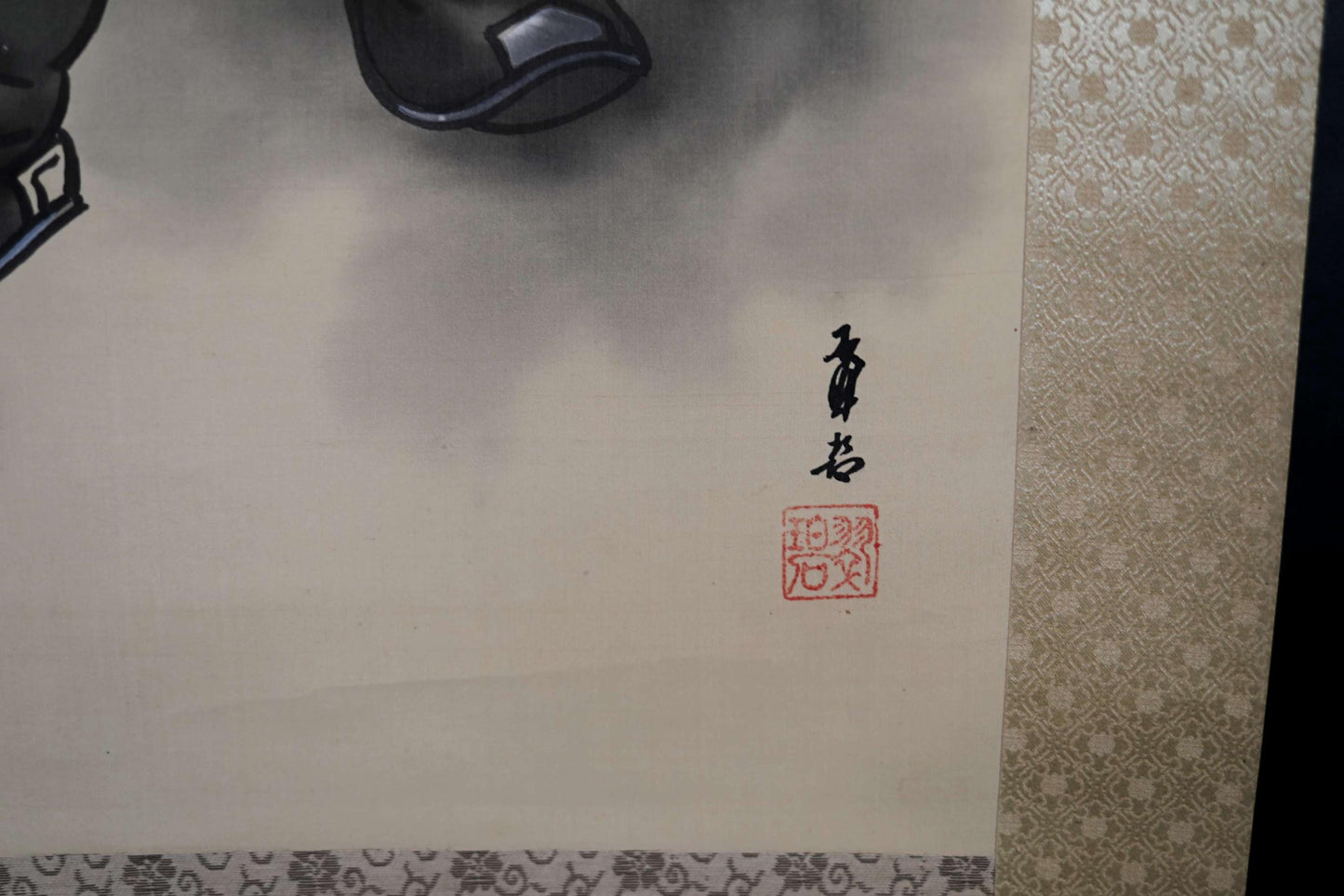 Japanese vintage hanging scroll of brush painting Chinese God, devil and tiger 鍾馗Zhong Kui H81.5x21.3in / 207x54cm