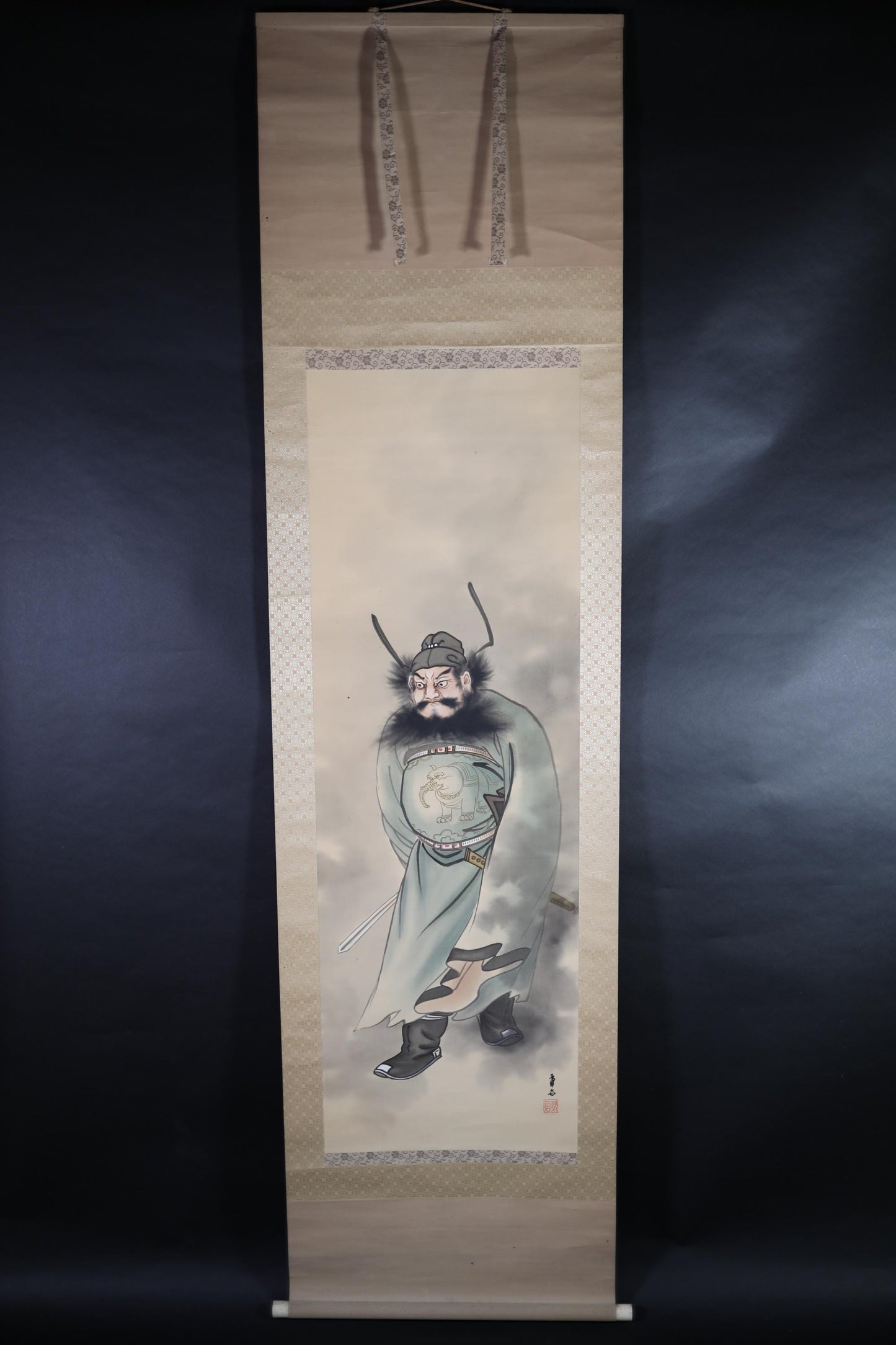 Japanese vintage hanging scroll of brush painting Chinese God, devil and tiger 鍾馗Zhong Kui H81.5x21.3in / 207x54cm