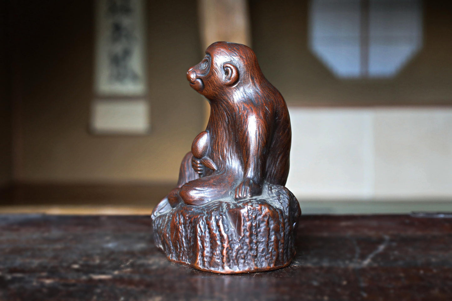 Japanese antique 1800s BIZEN Monkey with fruit doll statue with Kanji signature, animal ornament ceramic statue hand craft H5.9in/H15cm