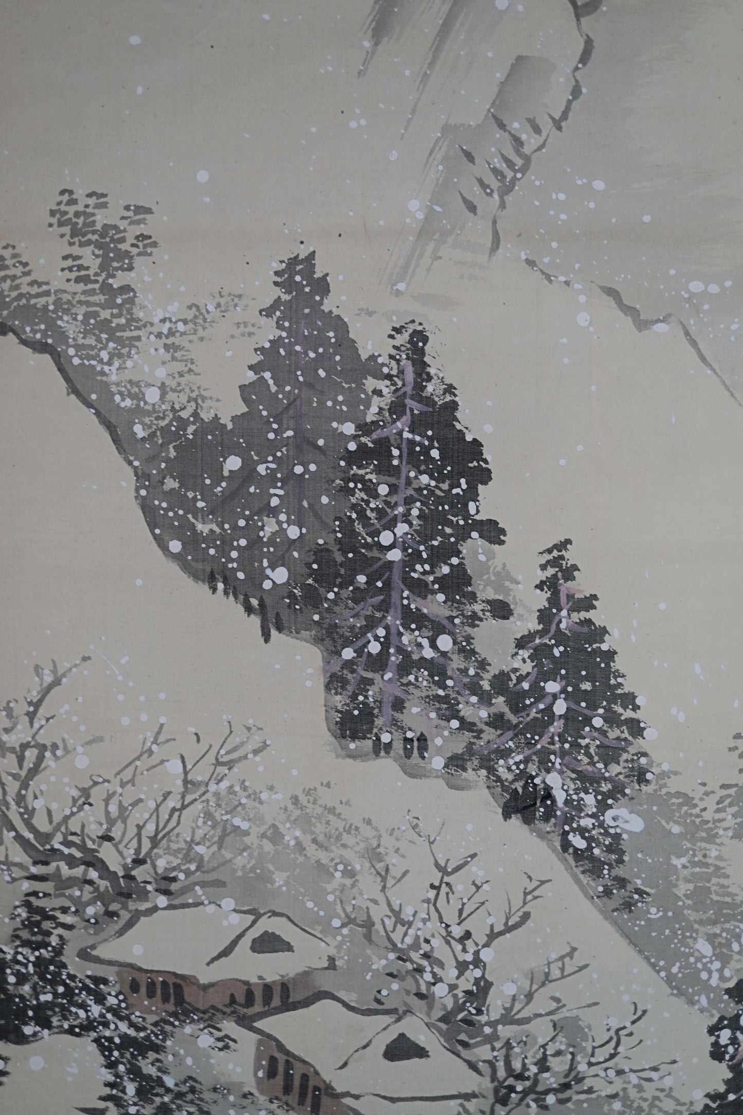 Japanese antique brush ink painting scroll fine Landscape in winter mountain valley, Kanji signature, KAKEJIKU H67.3×18.9in / 171x48cm