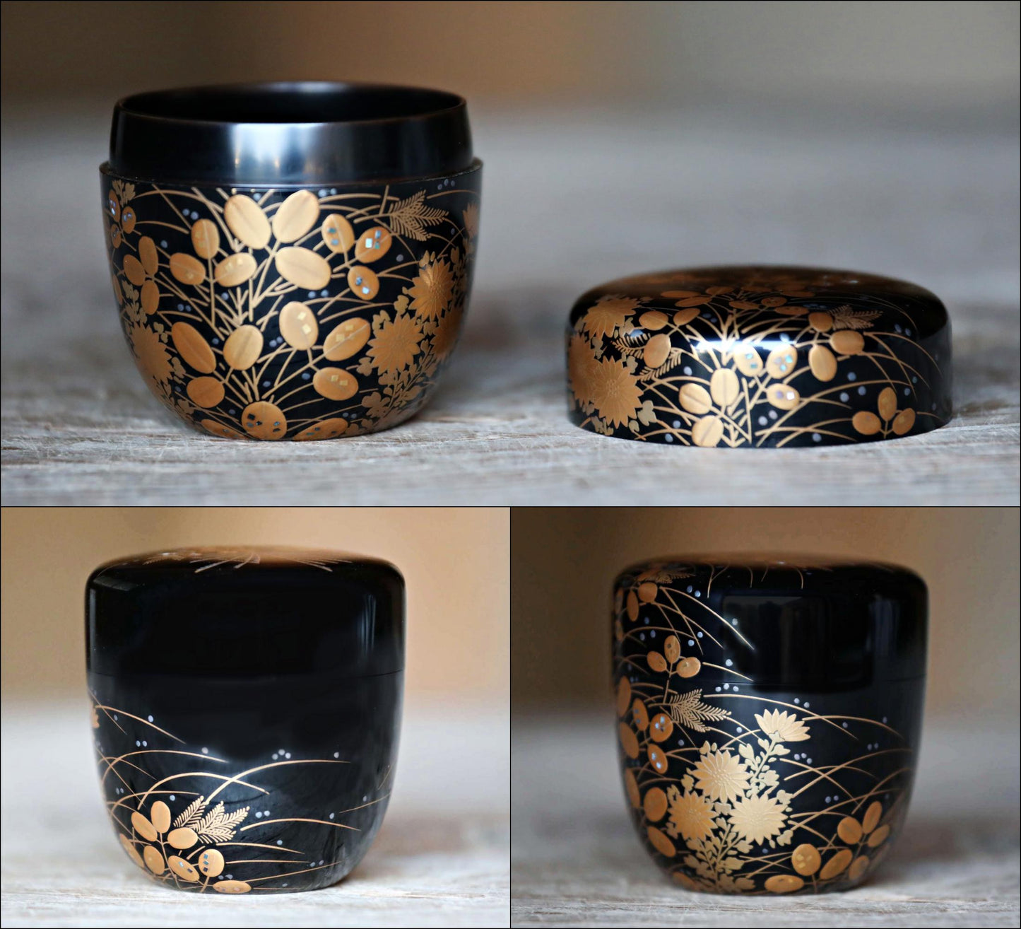 FINE! Japanese vintage "matcha" green tea caddy with golden Autumn flowers Wajima Makie, "棗 natsume", for tea ceremony H2.8in/H7cm