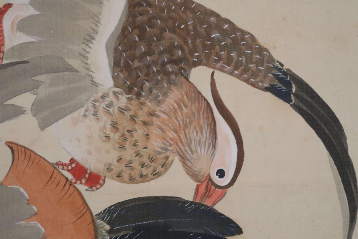 FINE! Japanese antique 1930s hanging scroll of water color painting by Keiho, pair of mandarin ducks bamboo leaves with sign H73.6in/H187cm