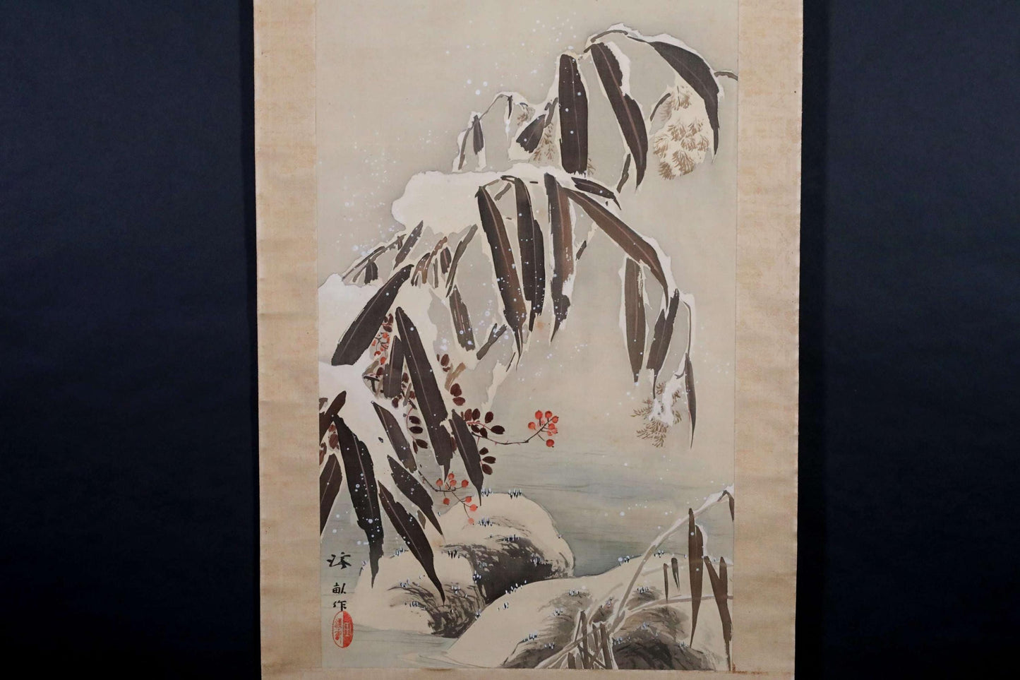FINE! Japanese antique 1930s hanging scroll of water color painting by Keiho, pair of mandarin ducks bamboo leaves with sign H73.6in/H187cm
