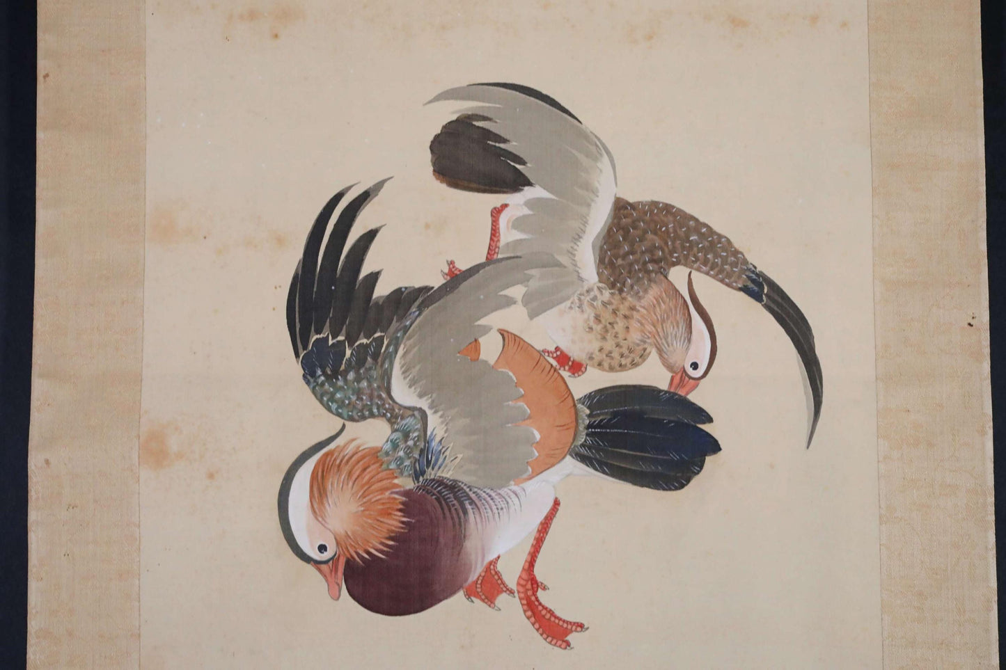FINE! Japanese antique 1930s hanging scroll of water color painting by Keiho, pair of mandarin ducks bamboo leaves with sign H73.6in/H187cm