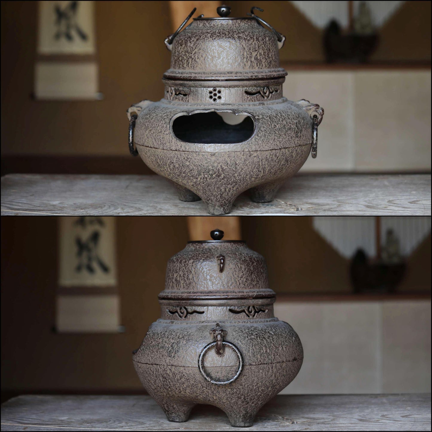 CHAGAMA, 朝鮮風炉 "Chosen Furo" Japanese antique set of cast iron kettle and brazier For Tea ceremony Perfect set 1980s H13×12.6in/H33×32cm