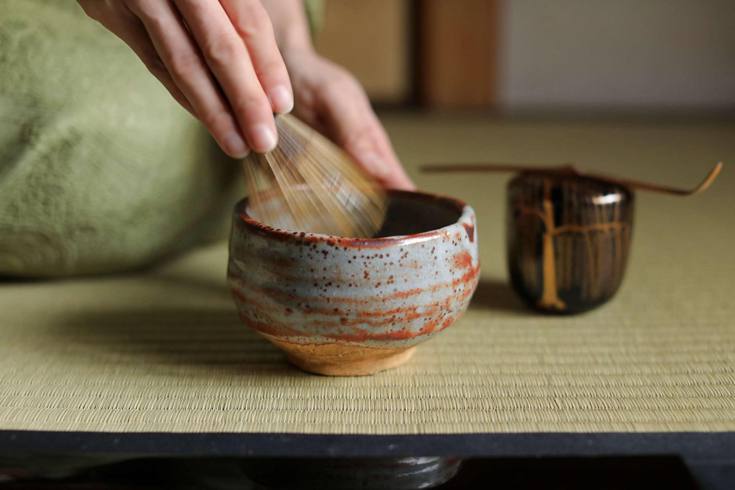 Green tea bowl Japanese vintage CHAWAN "SHINO" ware handmade Matcha Tea Cup Tea Ceremony ceramic with box, for GIFT 4.7in/12cm