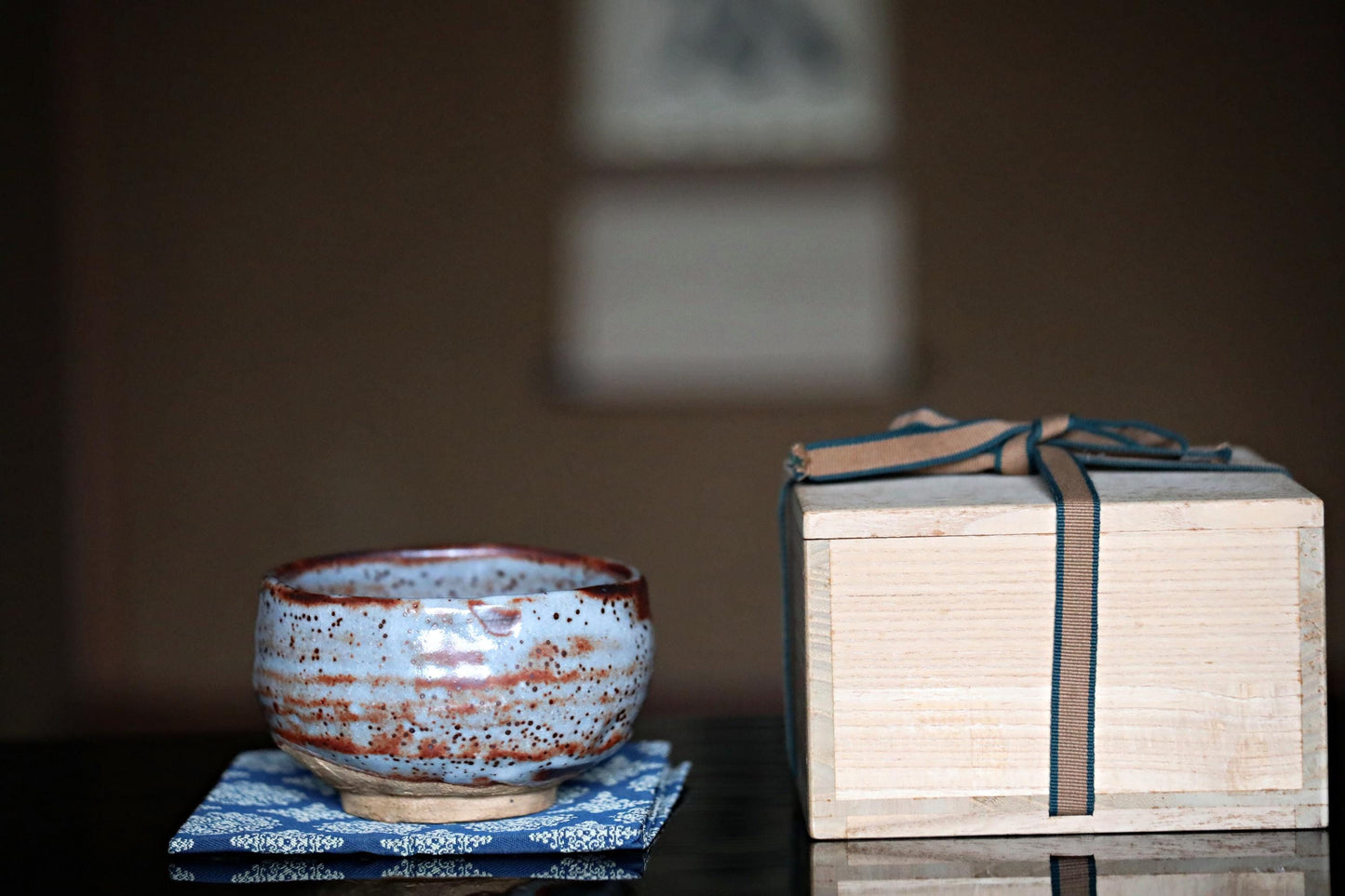 Green tea bowl Japanese vintage CHAWAN "SHINO" ware handmade Matcha Tea Cup Tea Ceremony ceramic with box, for GIFT 4.7in/12cm
