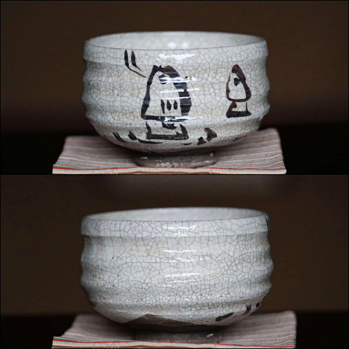 Green tea bowl Japanese vintage CHAWAN "SHINO" ware like children's drawings design handmade Matcha Cup Tea Ceremony with box 4.7in/12cm