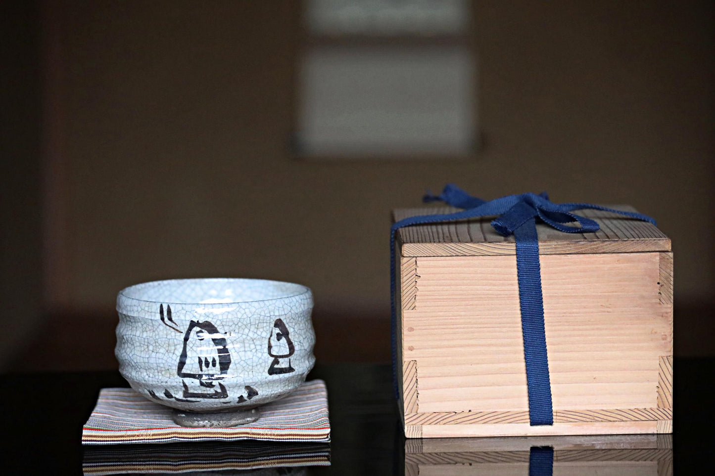 Green tea bowl Japanese vintage CHAWAN "SHINO" ware like children's drawings design handmade Matcha Cup Tea Ceremony with box 4.7in/12cm