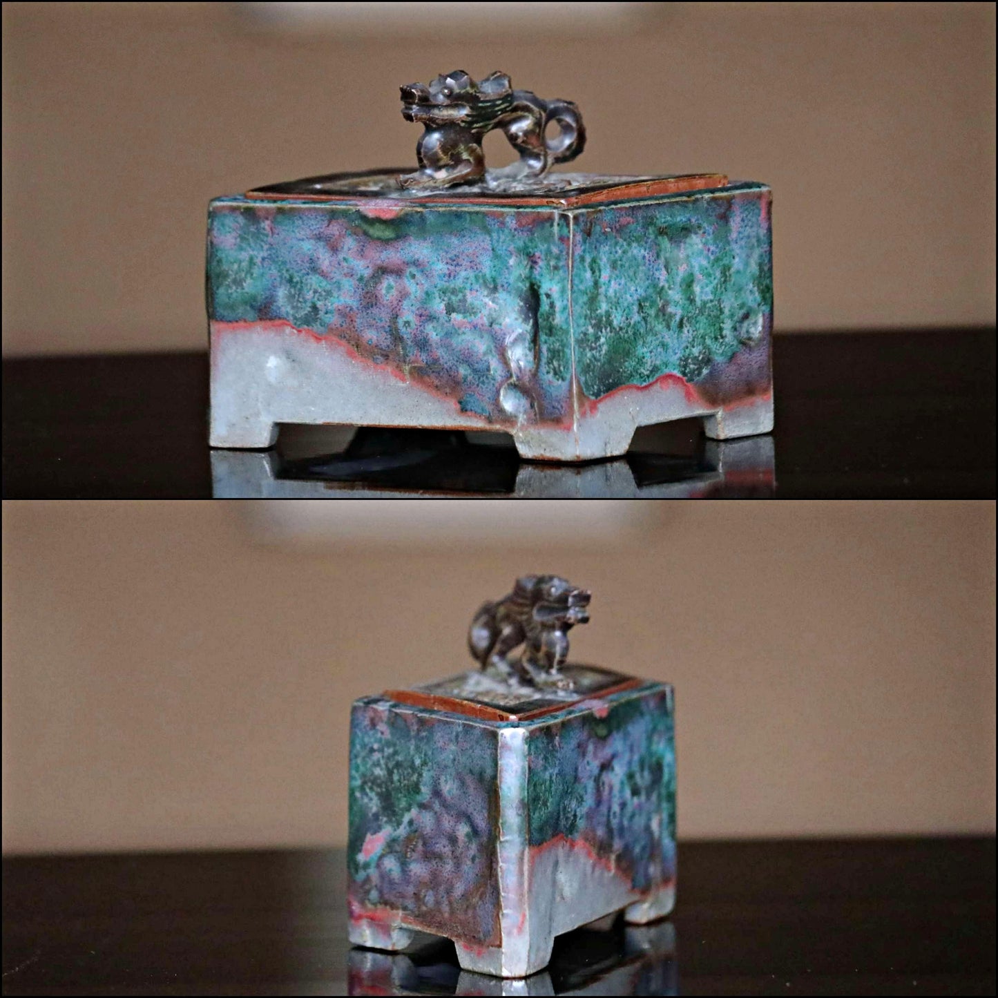 RARE! Japanese vintage ceramic censer incense burner Signed with dragon cloud diamond shape Green cinnabar glaze For GIFT W5.5in/W14cm