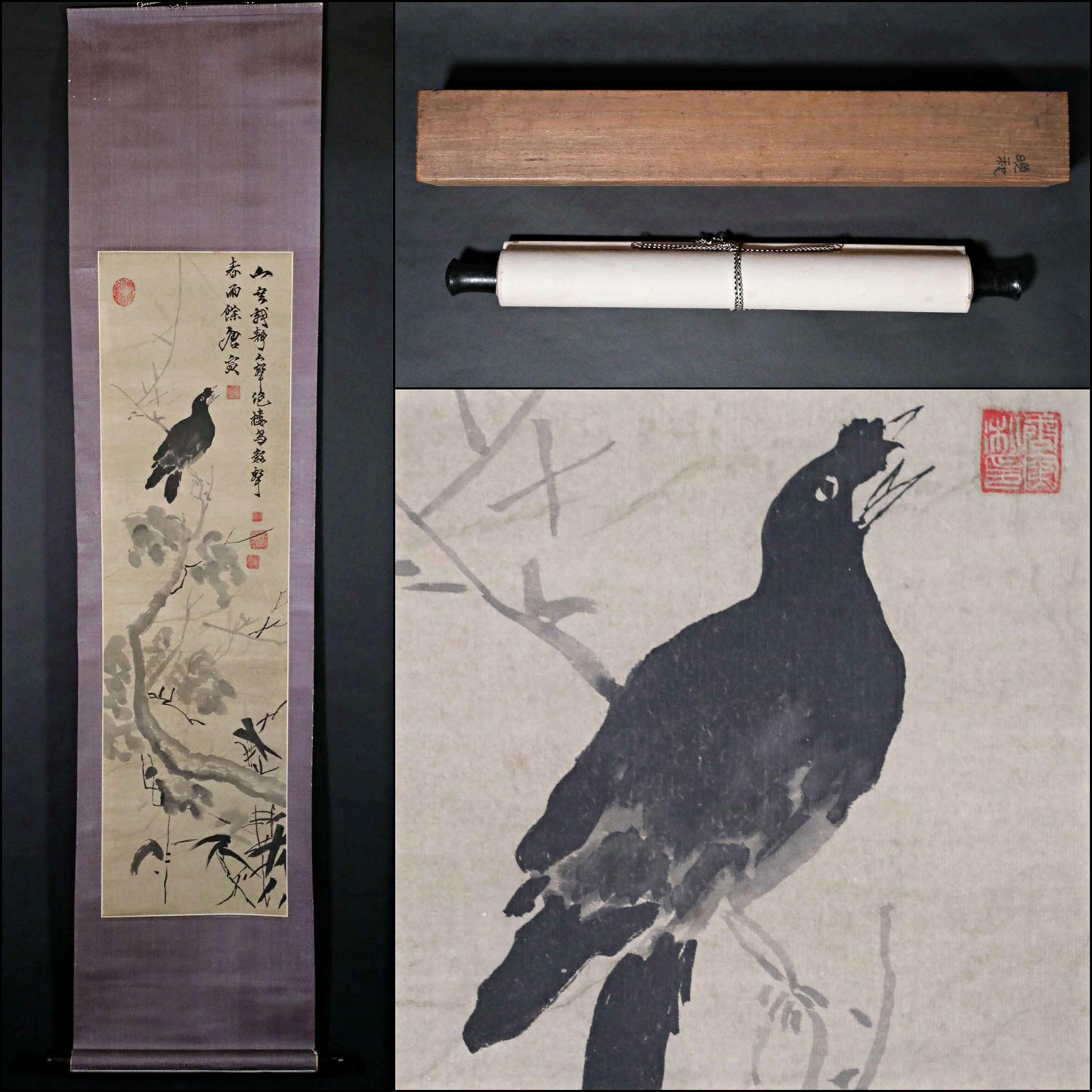 Japanese Chinese antique 1900s hanging scroll of India-ink painting ,crow on tree with sign KAKEJIKU H70.5in/179cm