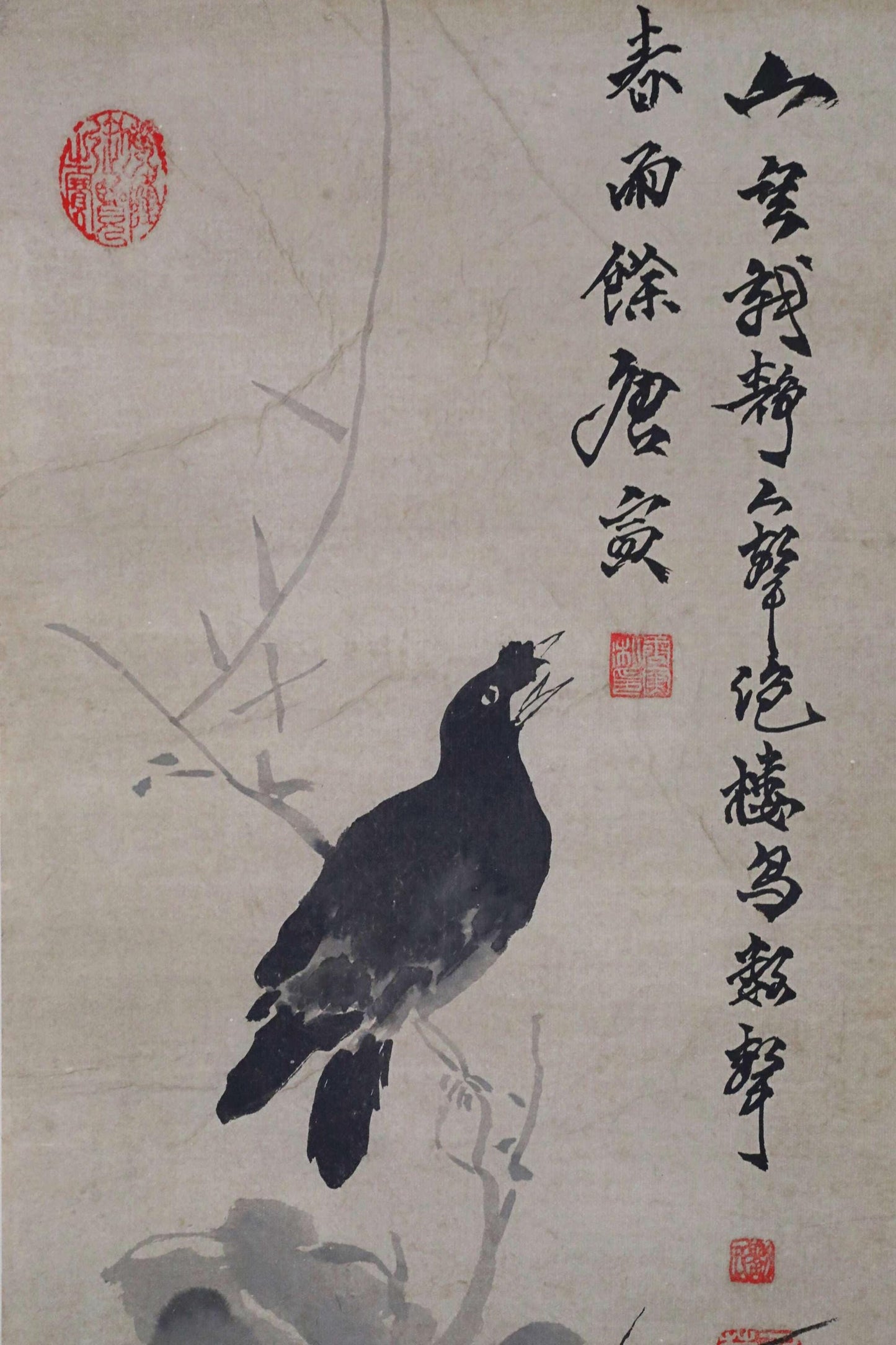 Japanese Chinese antique 1900s hanging scroll of India-ink painting ,crow on tree with sign KAKEJIKU H70.5in/179cm