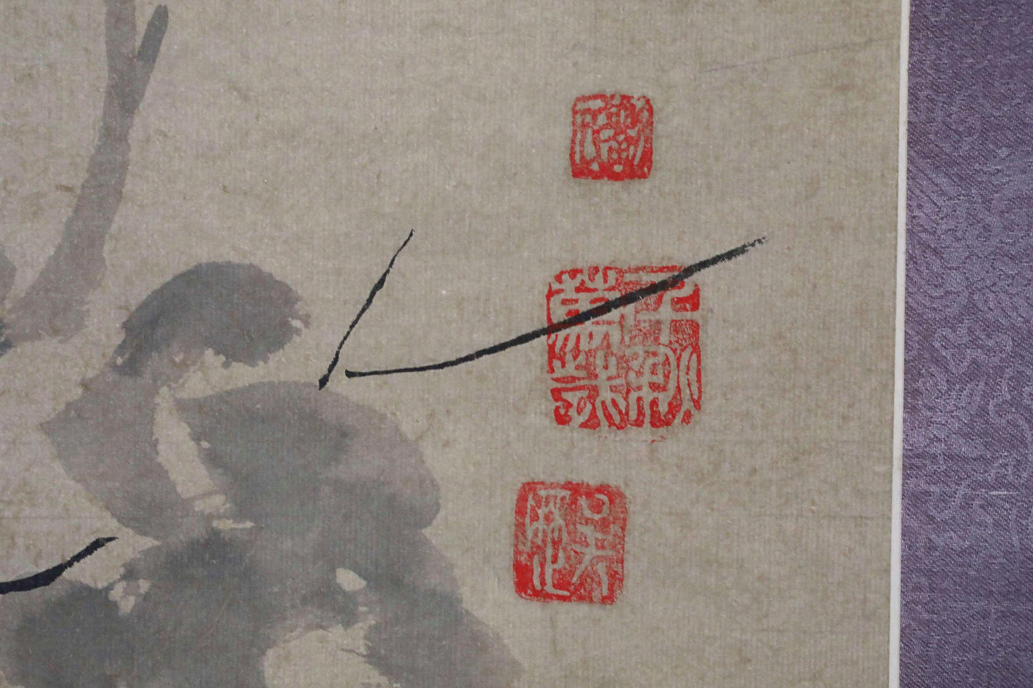 Japanese Chinese antique 1900s hanging scroll of India-ink painting ,crow on tree with sign KAKEJIKU H70.5in/179cm