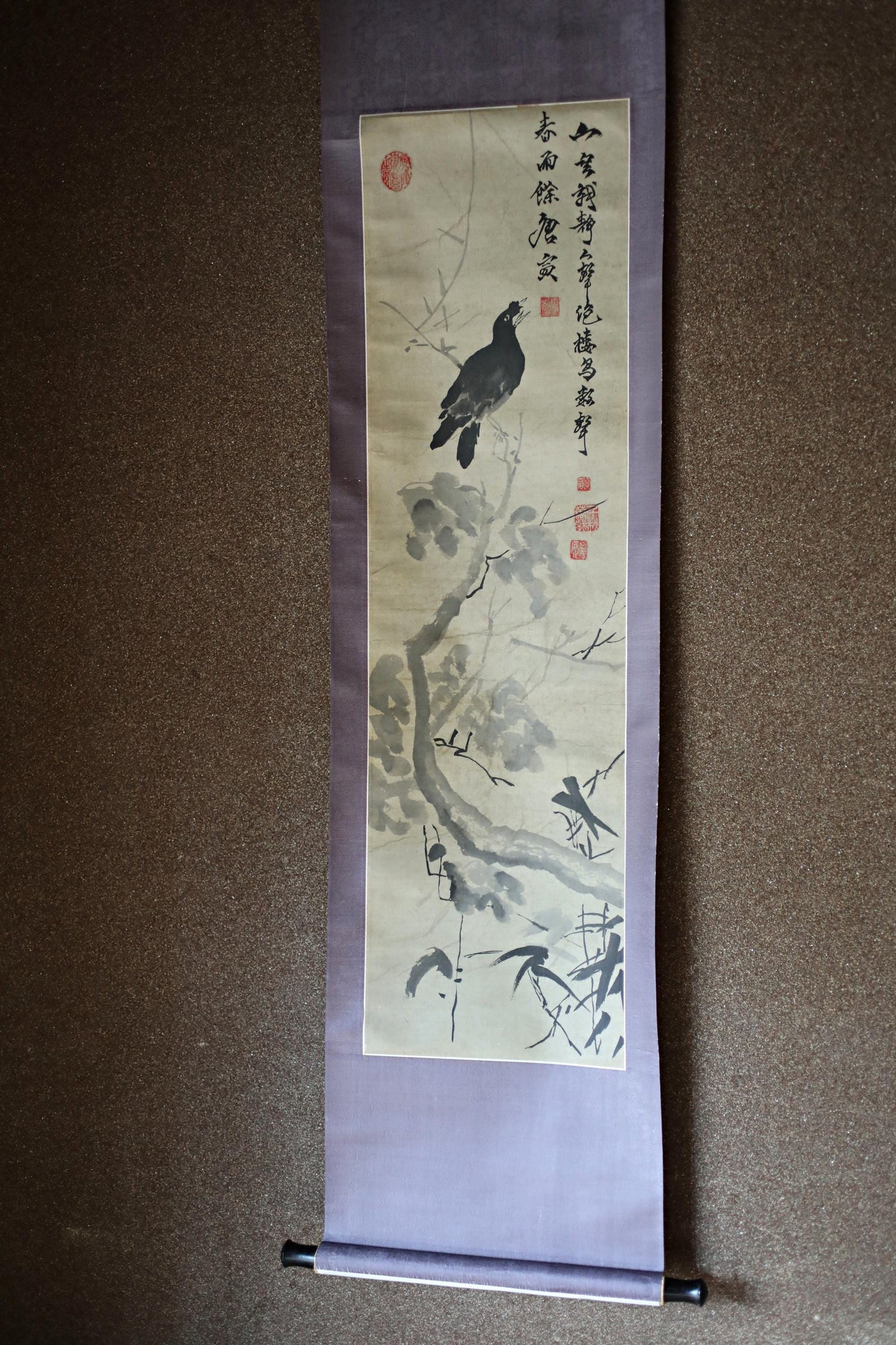 Japanese Chinese antique 1900s hanging scroll of India-ink painting ,crow on tree with sign KAKEJIKU H70.5in/179cm