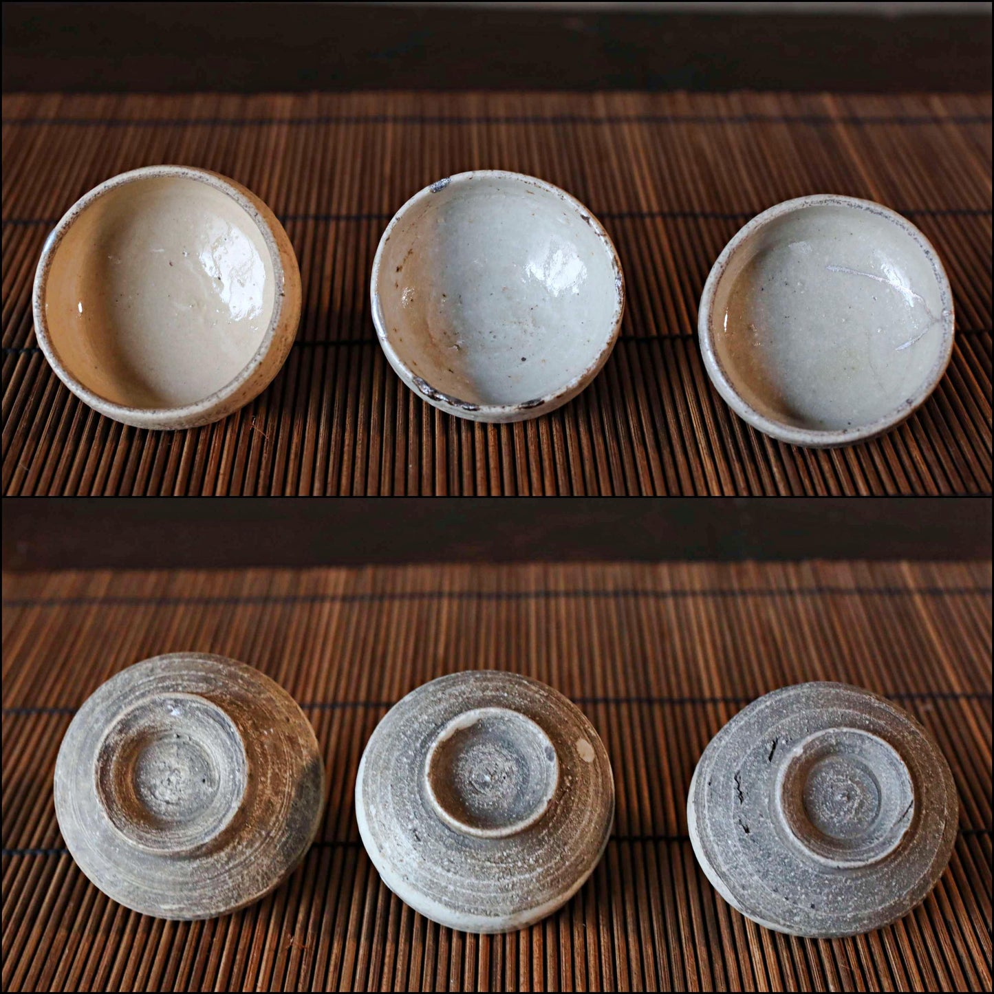 Japanese antique set of 3 small sake cup old KARATSU kintusgi silver repair "sakazuki" "guinomi" For gift 1700s H1.2×2.2in/H3×5.5cm