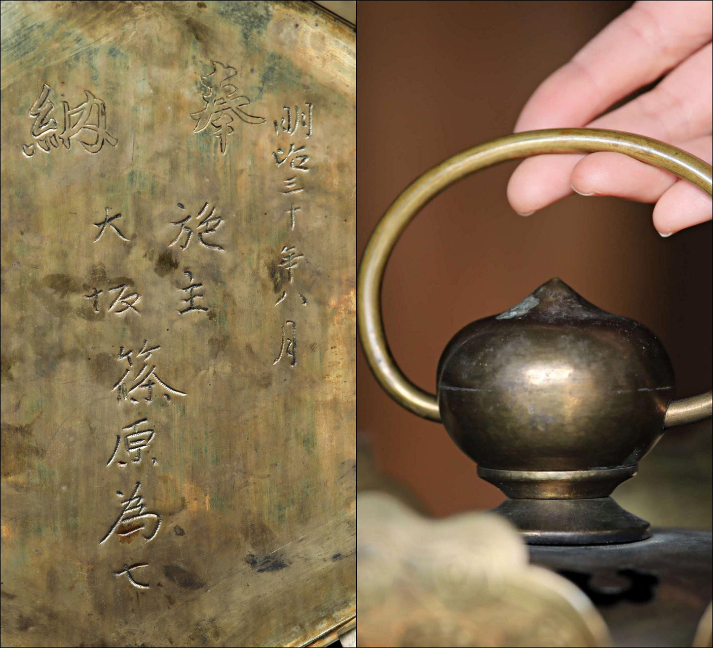 FINE! 1897s Japanese Antiques buddhist hanging lantern gold brass metal hexagonal , lotus design, from Buddhist temple H13.8in/H35cm