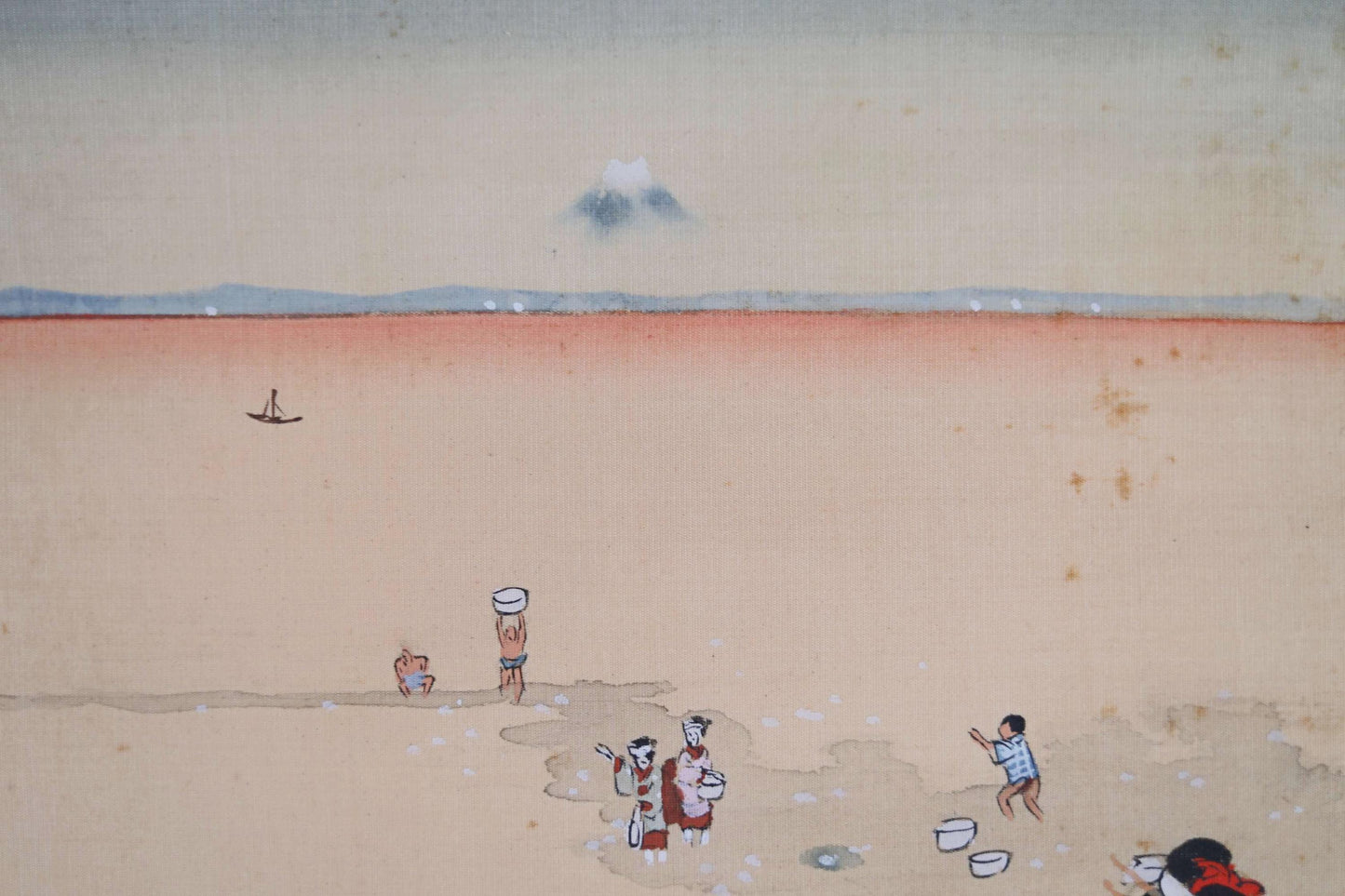 Japanese antique 1900s 輝方 sign brush watercolor hand painting scroll Mothers and Children, KAKEJIKU H47.2in/H120cm