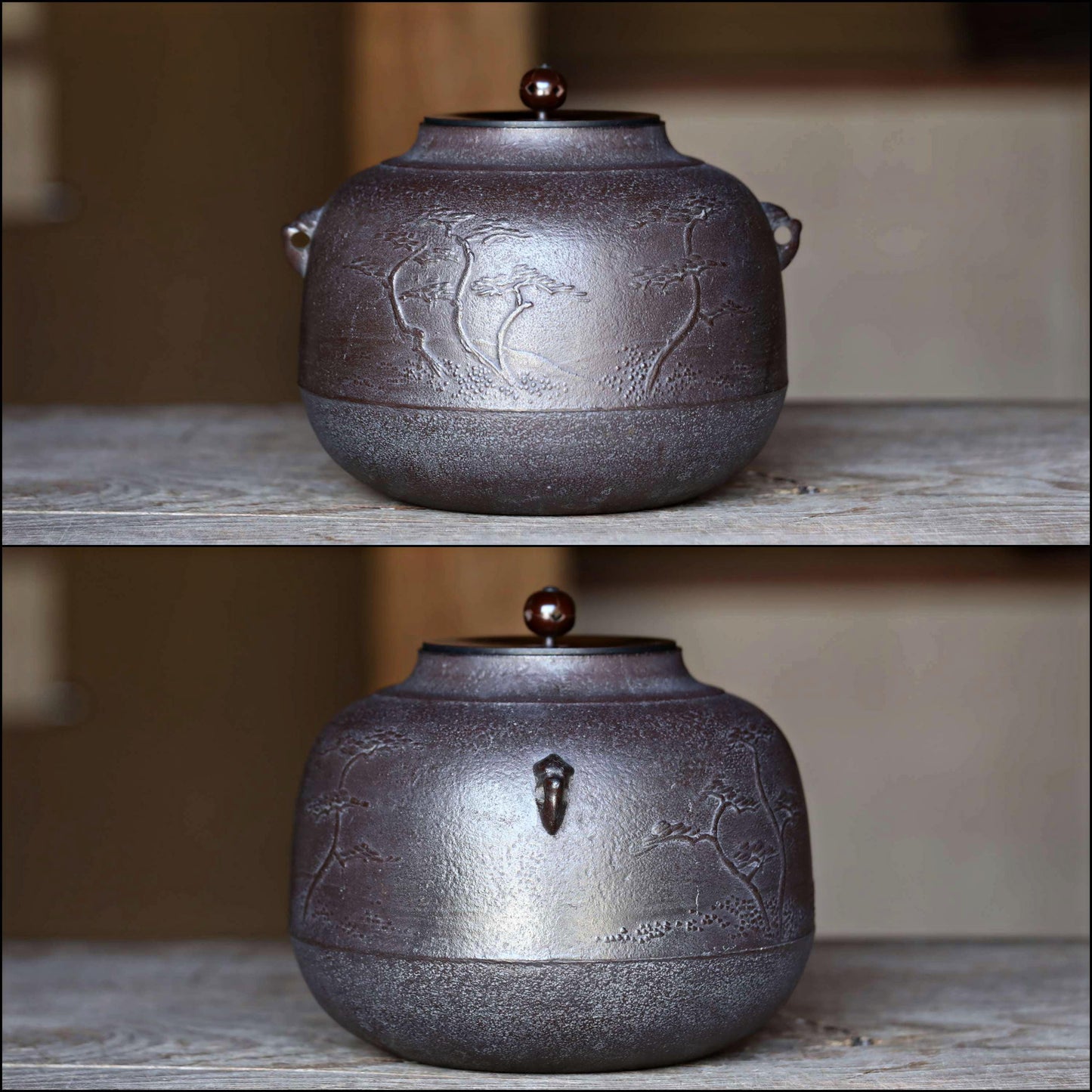FINE! Japanese vintage cast iron kettle For Tea ceremony signed with copper lid with pain three "Shinnari-gama" hand craft Box W8.3in/W21cm
