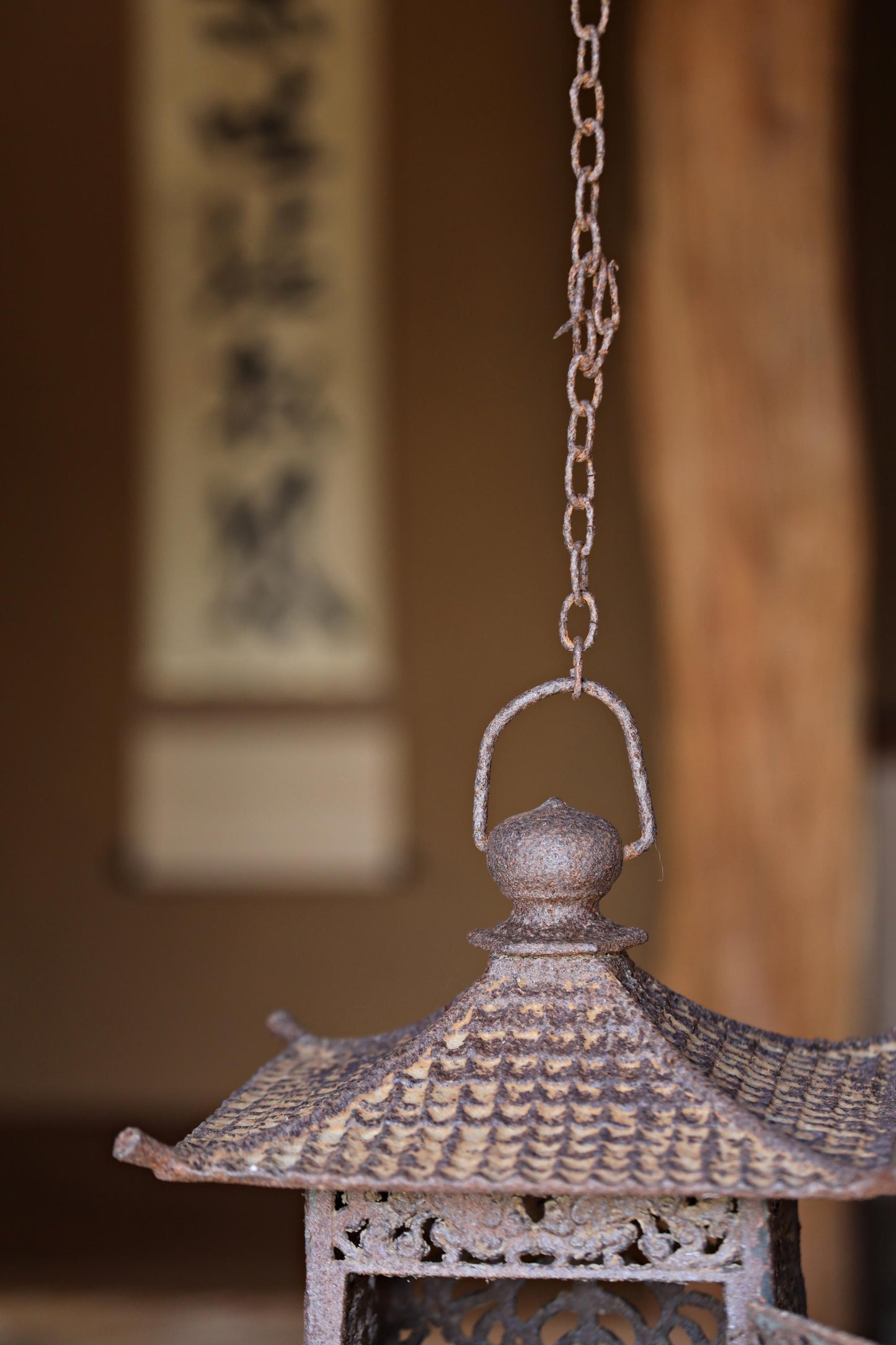 Japanese vintage cast iron metal Lantern, garden lamp, Hanging Lantern furniture Tsuridoro with chain arabesque fretwork H11.2in/H28.5cm