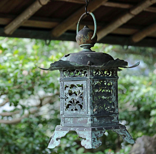 RARE! BIG! Japanese Antique 1800s bronze Lantern Buddhist temple, garden lamp Hanging Lantern Tsuridoro open work H16.1in/H41cm