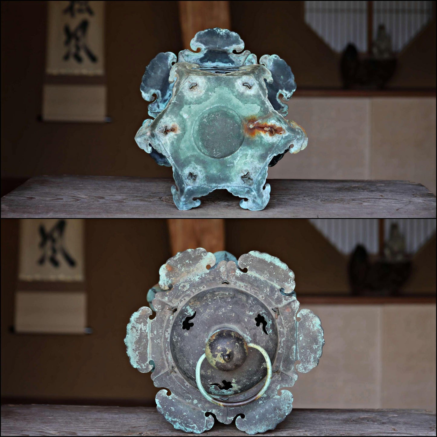 RARE! BIG! Japanese Antique 1800s bronze Lantern Buddhist temple, garden lamp Hanging Lantern Tsuridoro open work H16.1in/H41cm