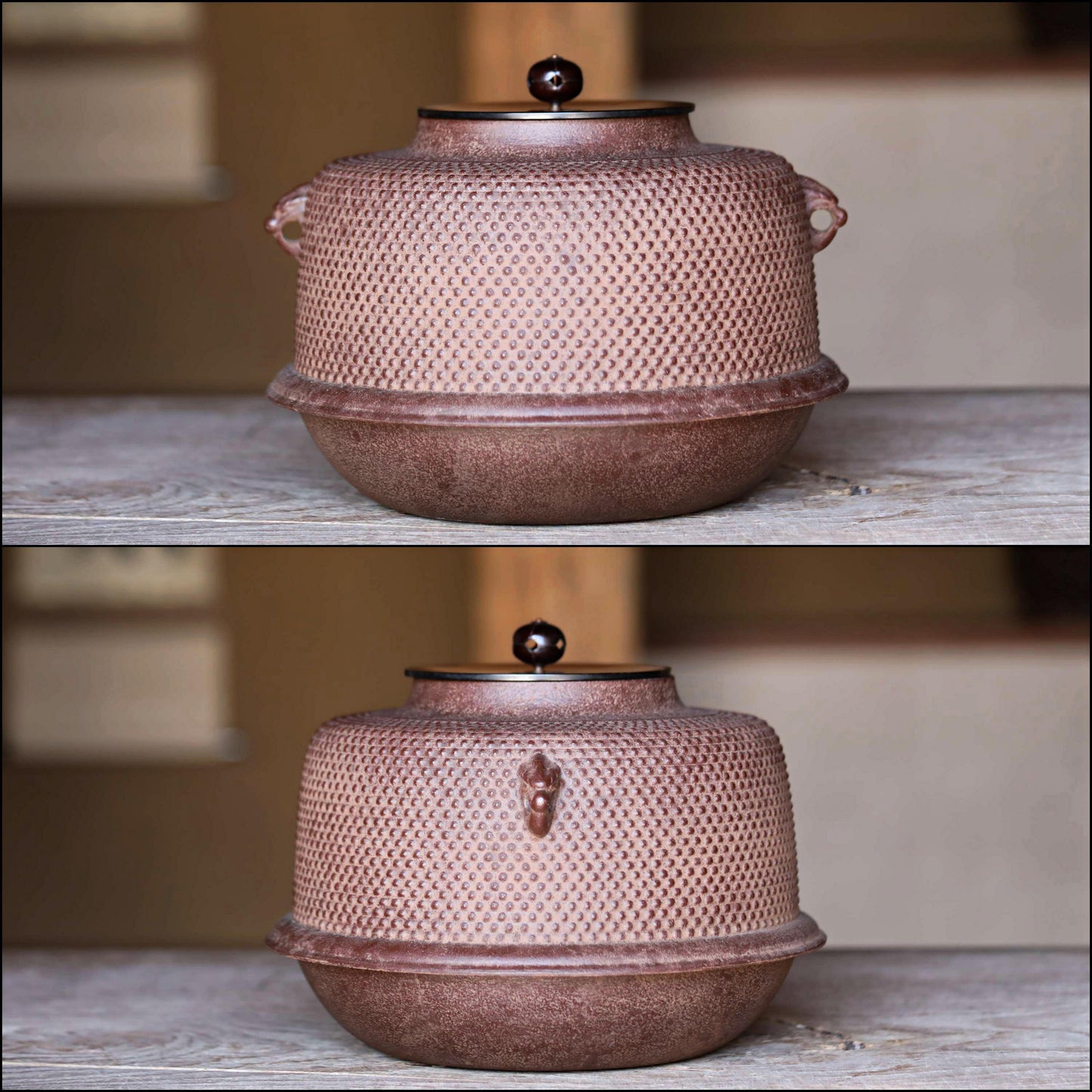 FINE! Japanese cast iron kettle For Tea ceremony with a copper lid, "Shinnari-gama" signed Famous Kettle Master Box 1970s W10in/W25.5cm