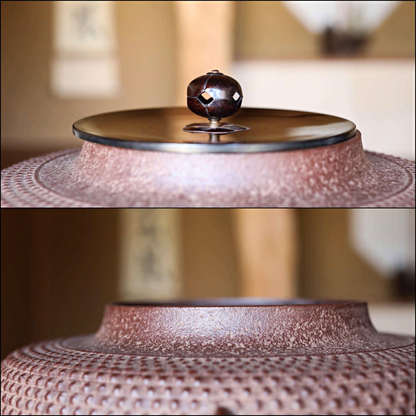 FINE! Japanese cast iron kettle For Tea ceremony with a copper lid, "Shinnari-gama" signed Famous Kettle Master Box 1970s W10in/W25.5cm