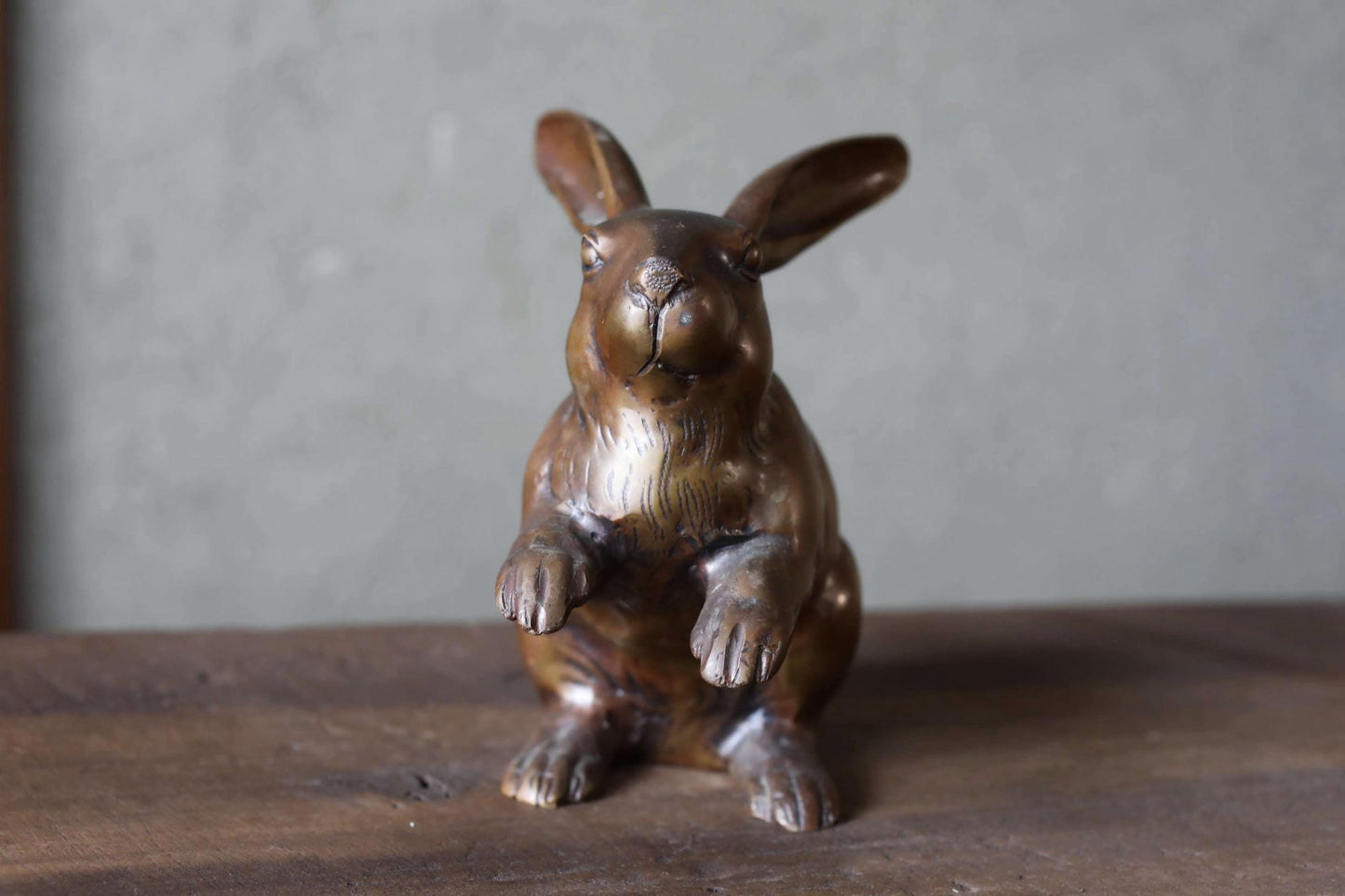 FINE! Japanese vintage bronze rabbit statue ornament doll with Kanji signature 1950s Japanese interior metal animal craft H5.5in/H14cm