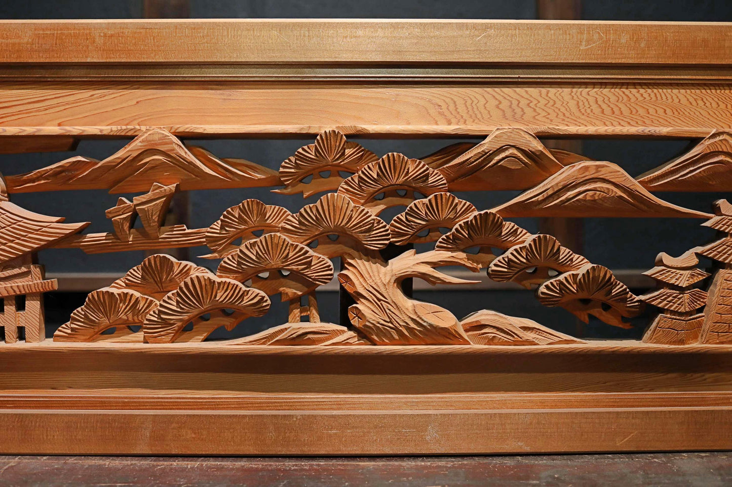Pair of Japanese vintage furniture RANMA Wooden sculpture carving openwork Views of Japan Pine tree,Building, Islands, W70.3in/W178.5cm
