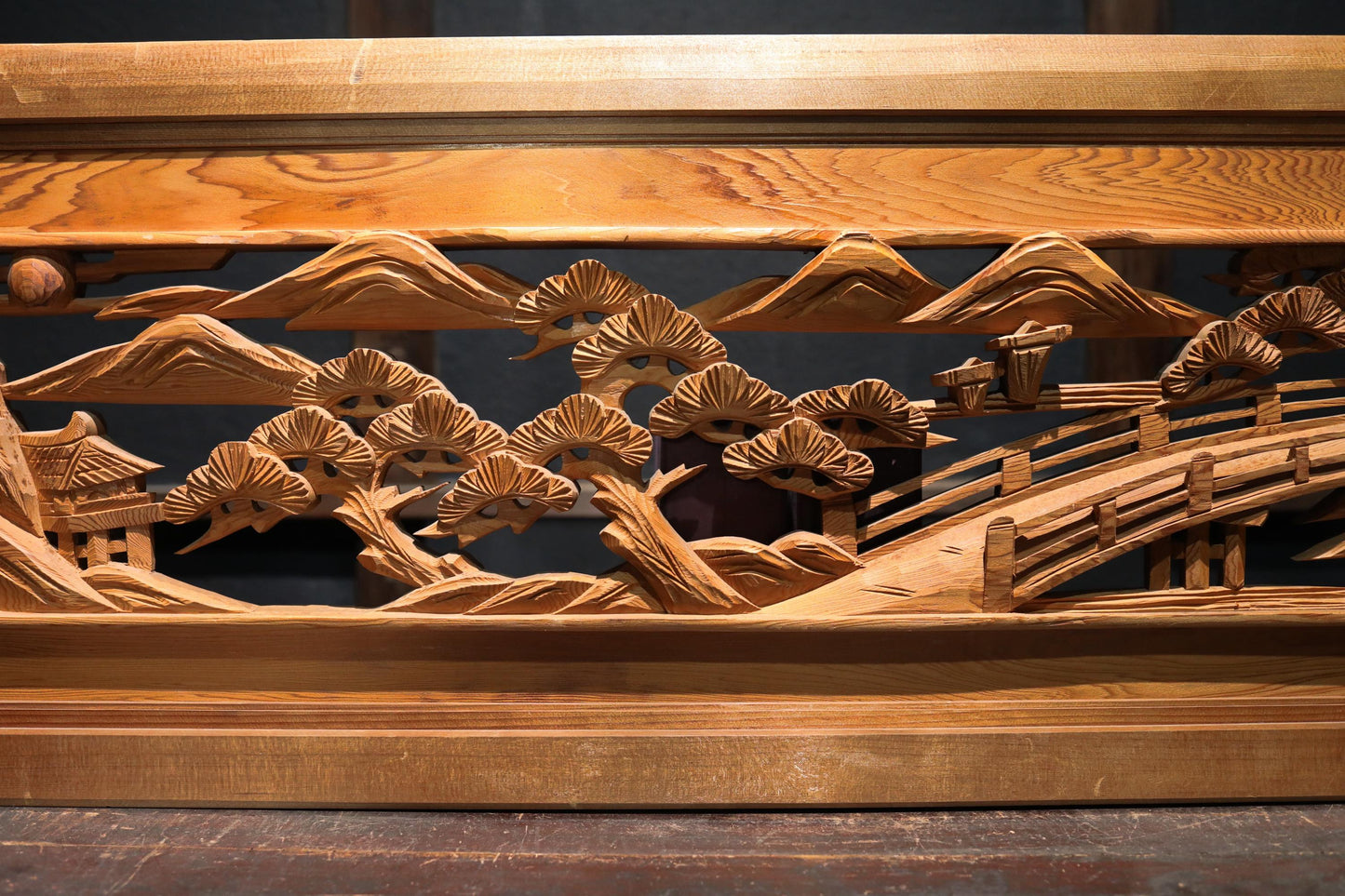 Pair of Japanese vintage furniture RANMA Wooden sculpture carving openwork Views of Japan Pine tree,Building, Islands, W70.3in/W178.5cm