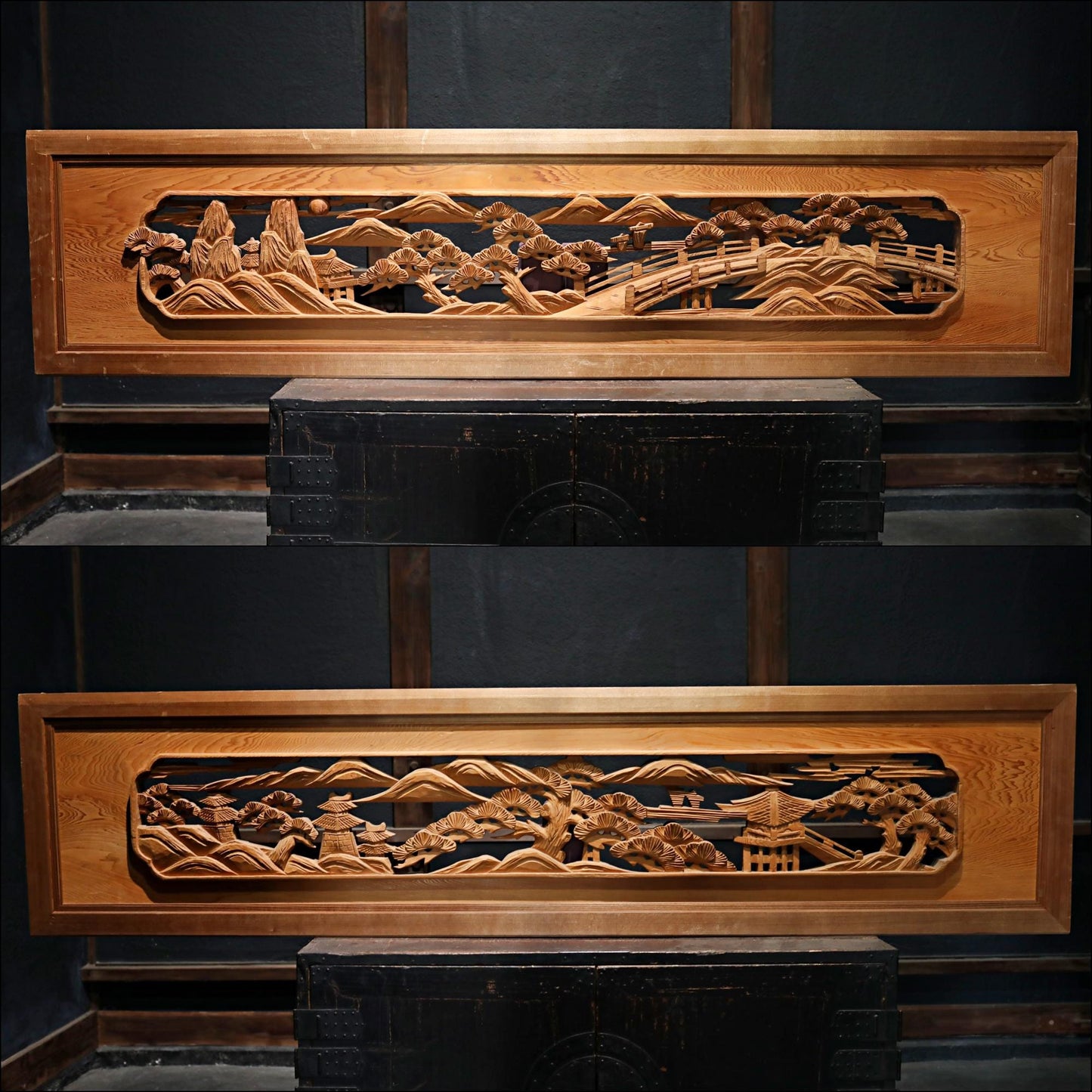 Pair of Japanese vintage furniture RANMA Wooden sculpture carving openwork Views of Japan Pine tree,Building, Islands, W70.3in/W178.5cm