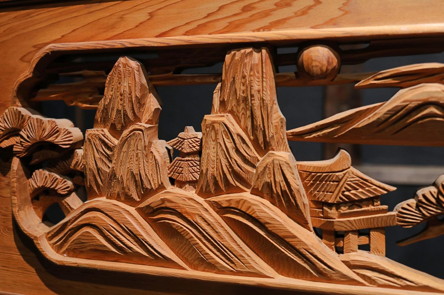 Pair of Japanese vintage furniture RANMA Wooden sculpture carving openwork Views of Japan Pine tree,Building, Islands, W70.3in/W178.5cm