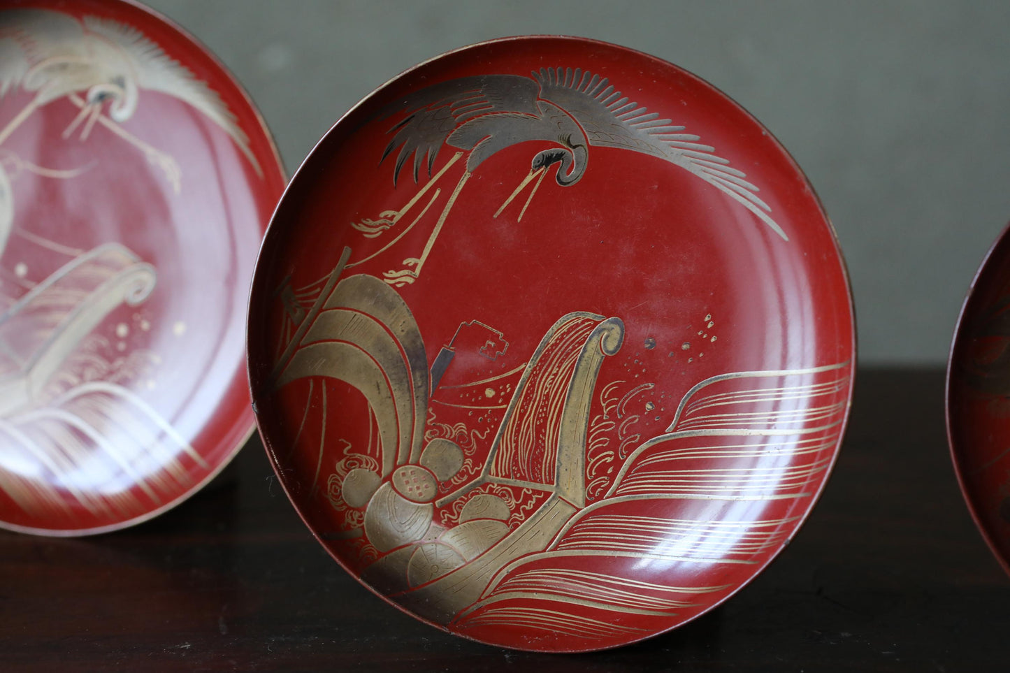 Set of 3 Red Gold lacquer MAKIE wooden sake cups with a crane flying over sea , Japanese Antique wooden "sakazuki" for Gift W4.9in/12.5cm