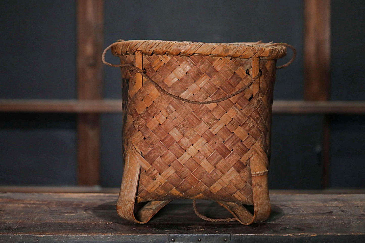 Japanese old antique Large box farmer's old bamboo backpack with Kanji KAGO basket hand craft, 1858s H13.4in×W13.4in/H34×W34cm