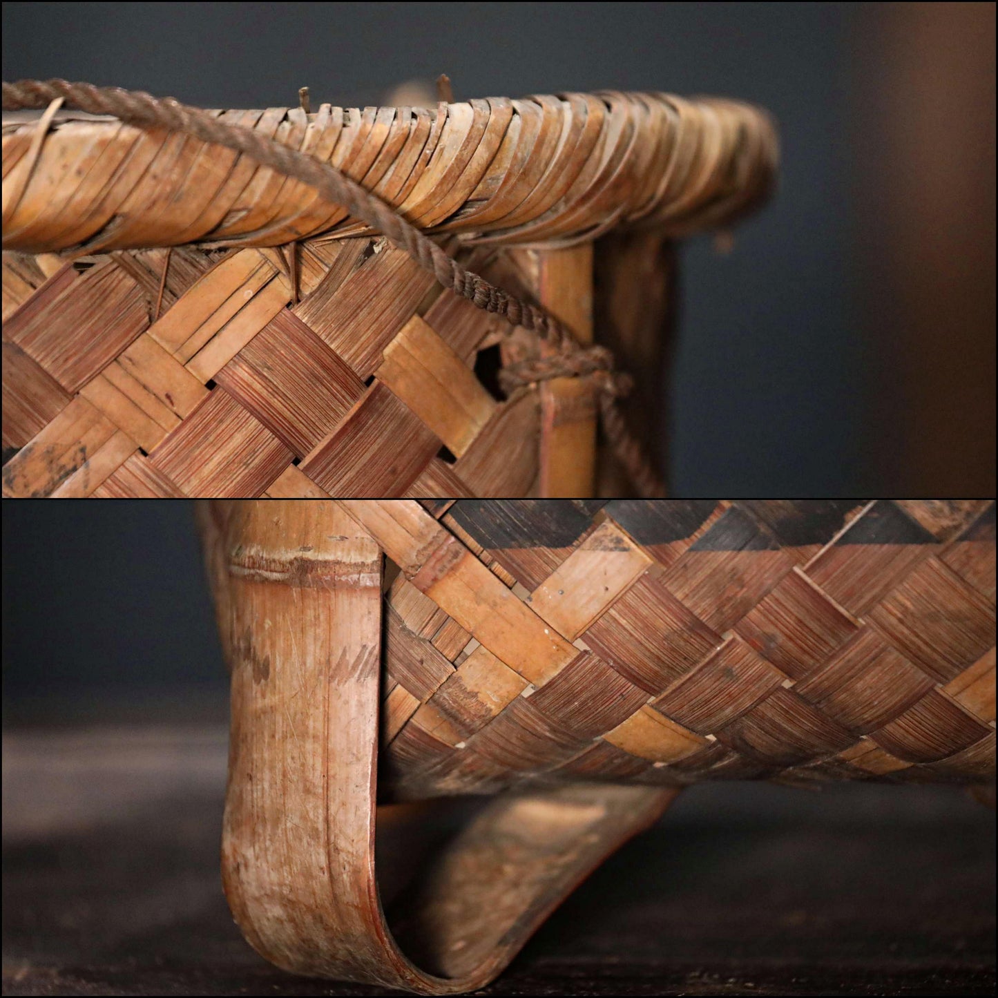 Japanese old antique Large box farmer's old bamboo backpack with Kanji KAGO basket hand craft, 1858s H13.4in×W13.4in/H34×W34cm