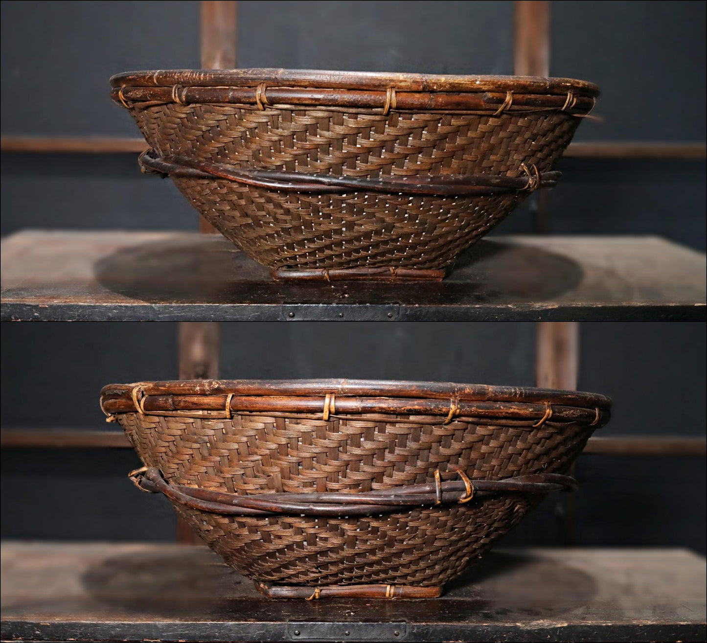 RARE! LARGE! Antique Japanese Farmers Hand Woven Wild grape vine Round Basket, Ajiro ami, MINGEI hand craft, H8.8xW22in/22.4x56cm