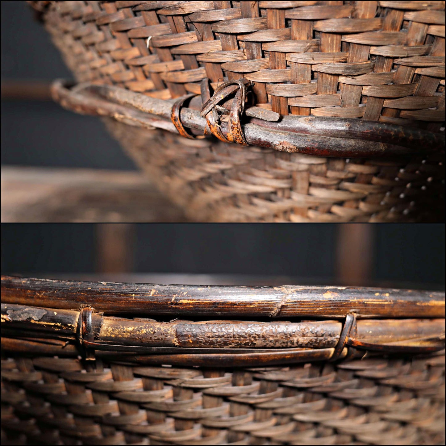 RARE! LARGE! Antique Japanese Farmers Hand Woven Wild grape vine Round Basket, Ajiro ami, MINGEI hand craft, H9.3xW22in/23.7x56cm