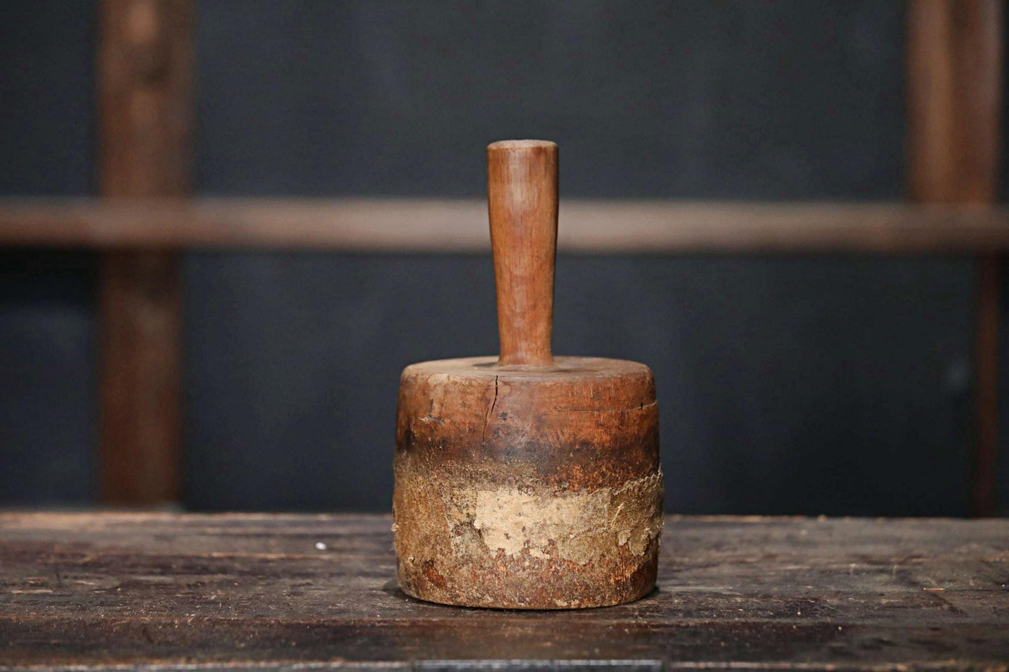 Japanese vintage wooden straw hammer name "KINUTA", MINGEI, Farmer's tool hand craft /wooden pedestal hat rack H9.3×5.1in/H23.5×13cm